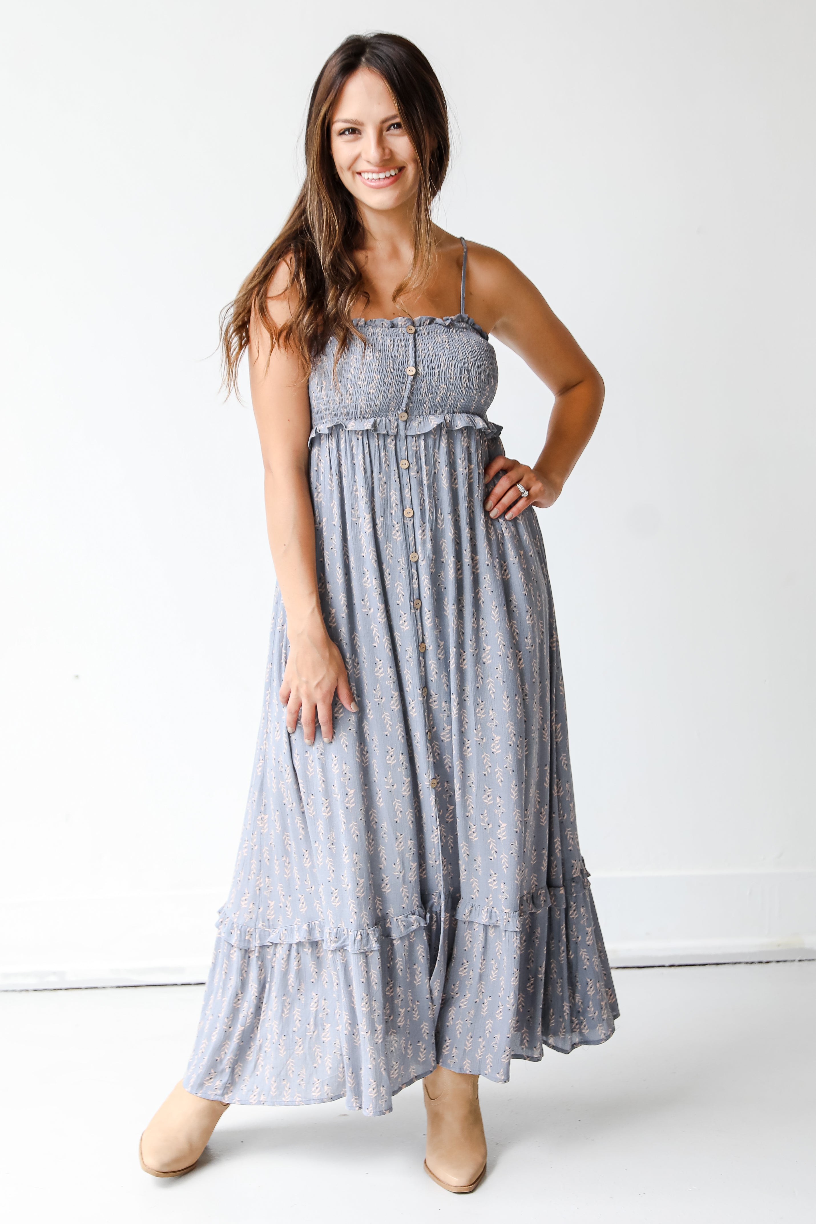 blue flowy midi dress