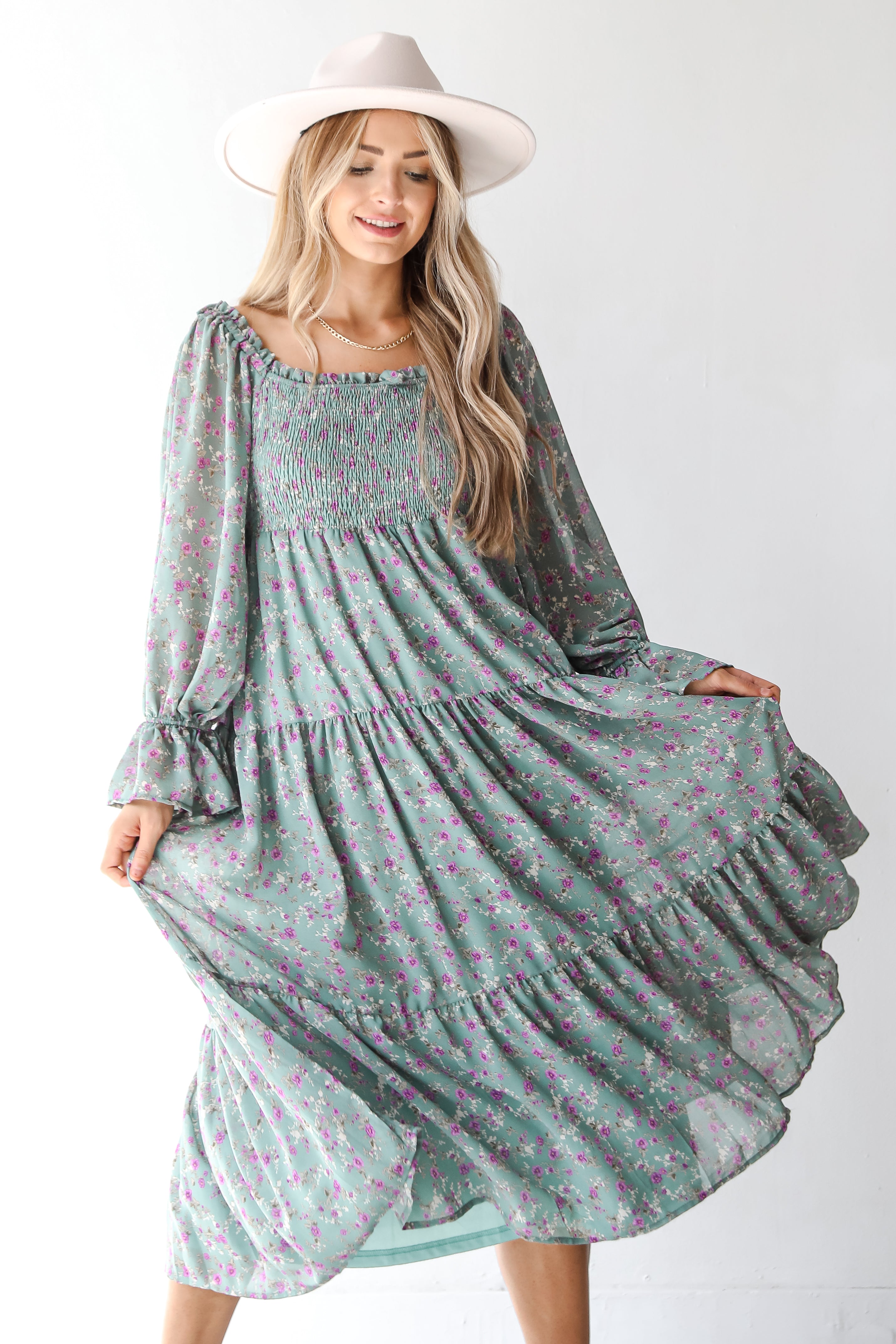 smocked floral maxi dress