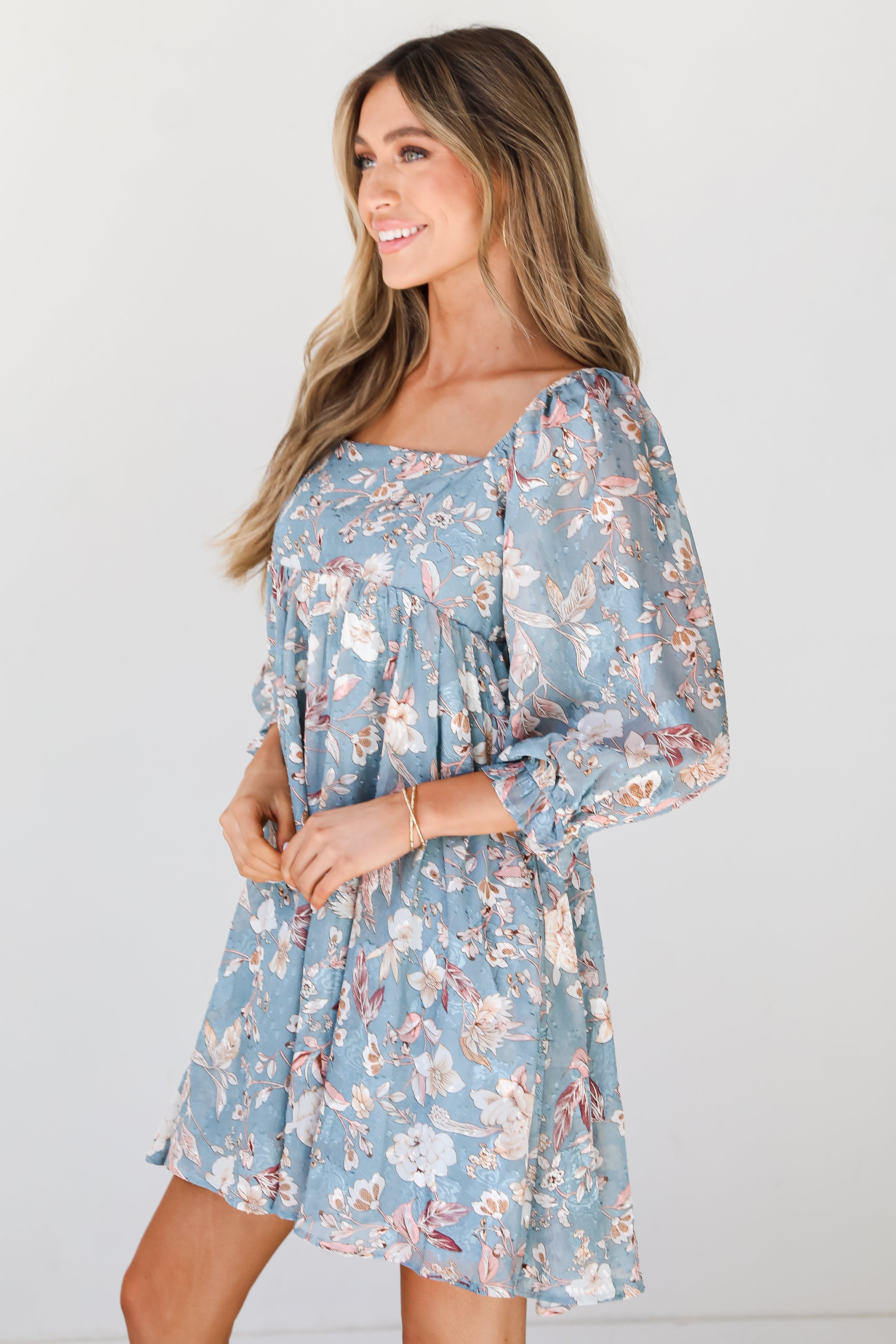 blue Floral Babydoll Mini Dress side view