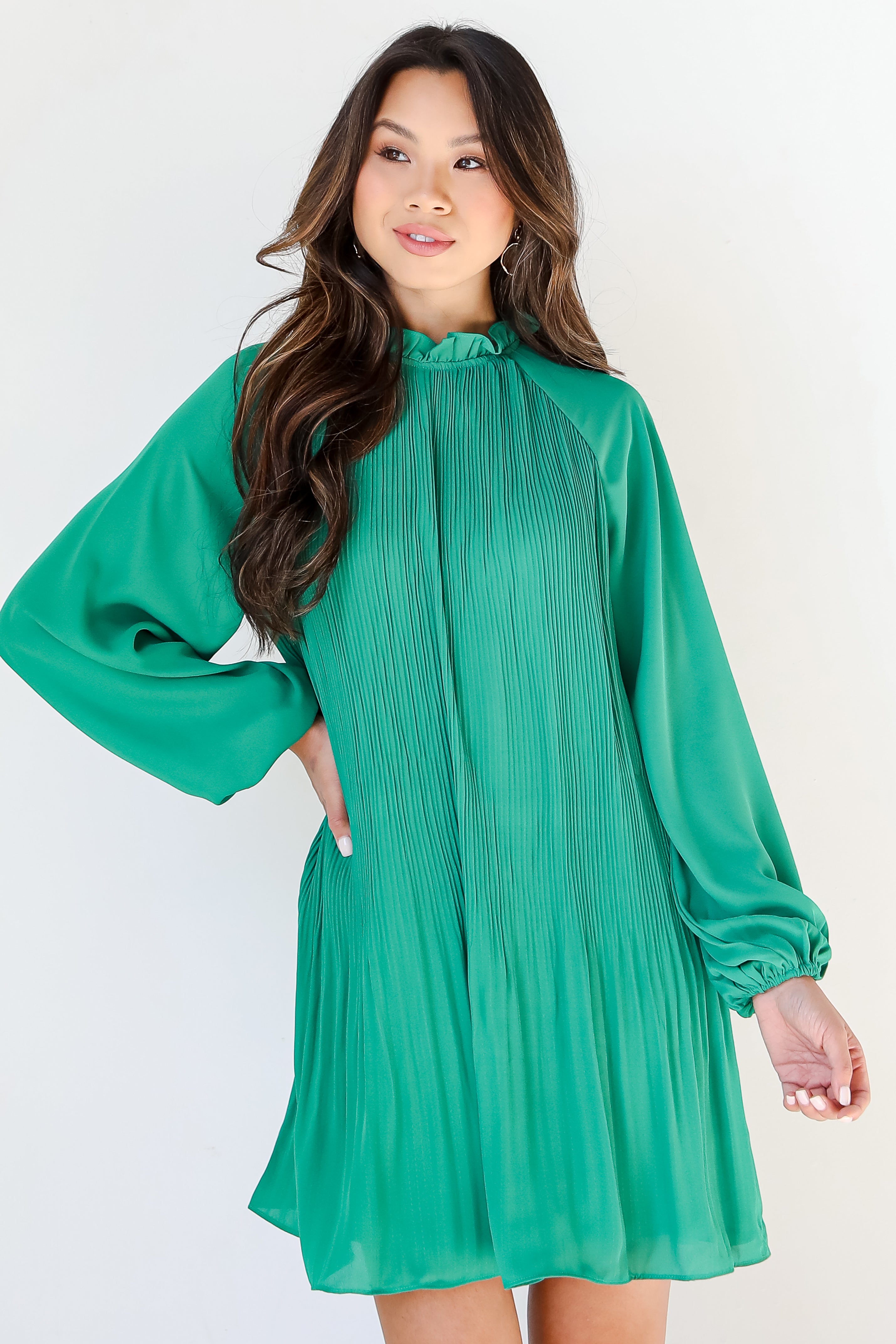 green Pleated Mini Dress