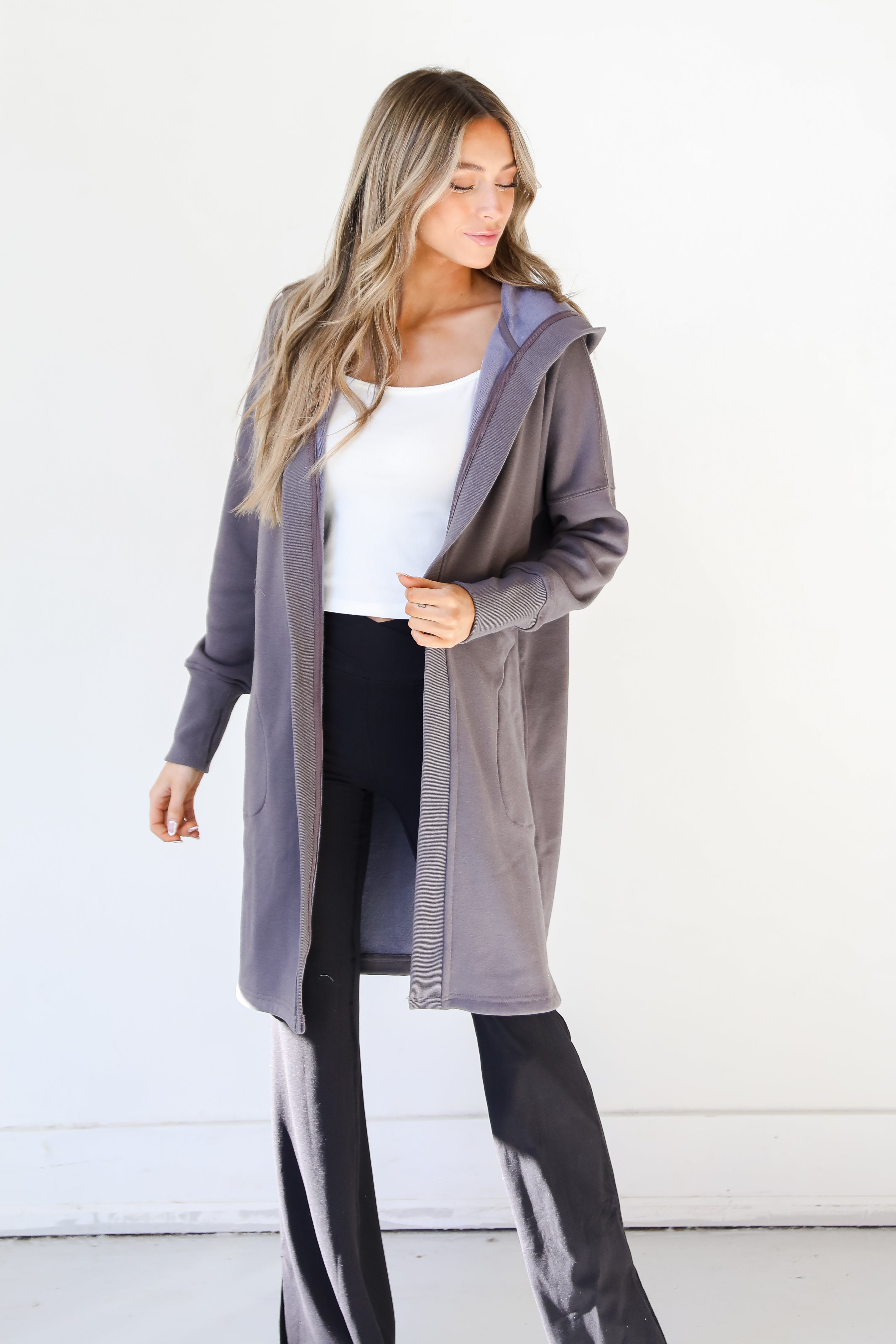 fleece Hooded Cardigan on dress up model