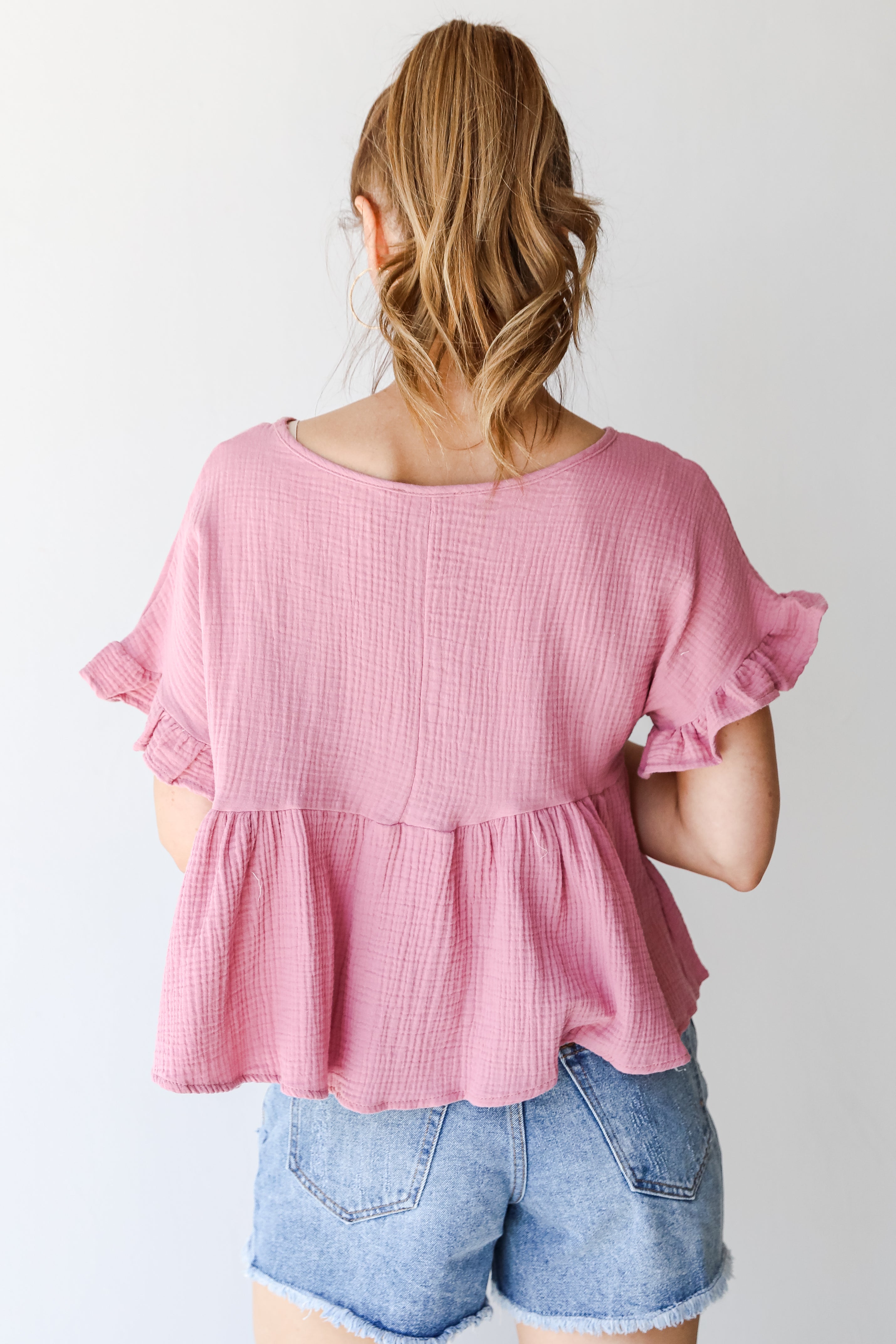 Linen Babydoll Top in mauve back view