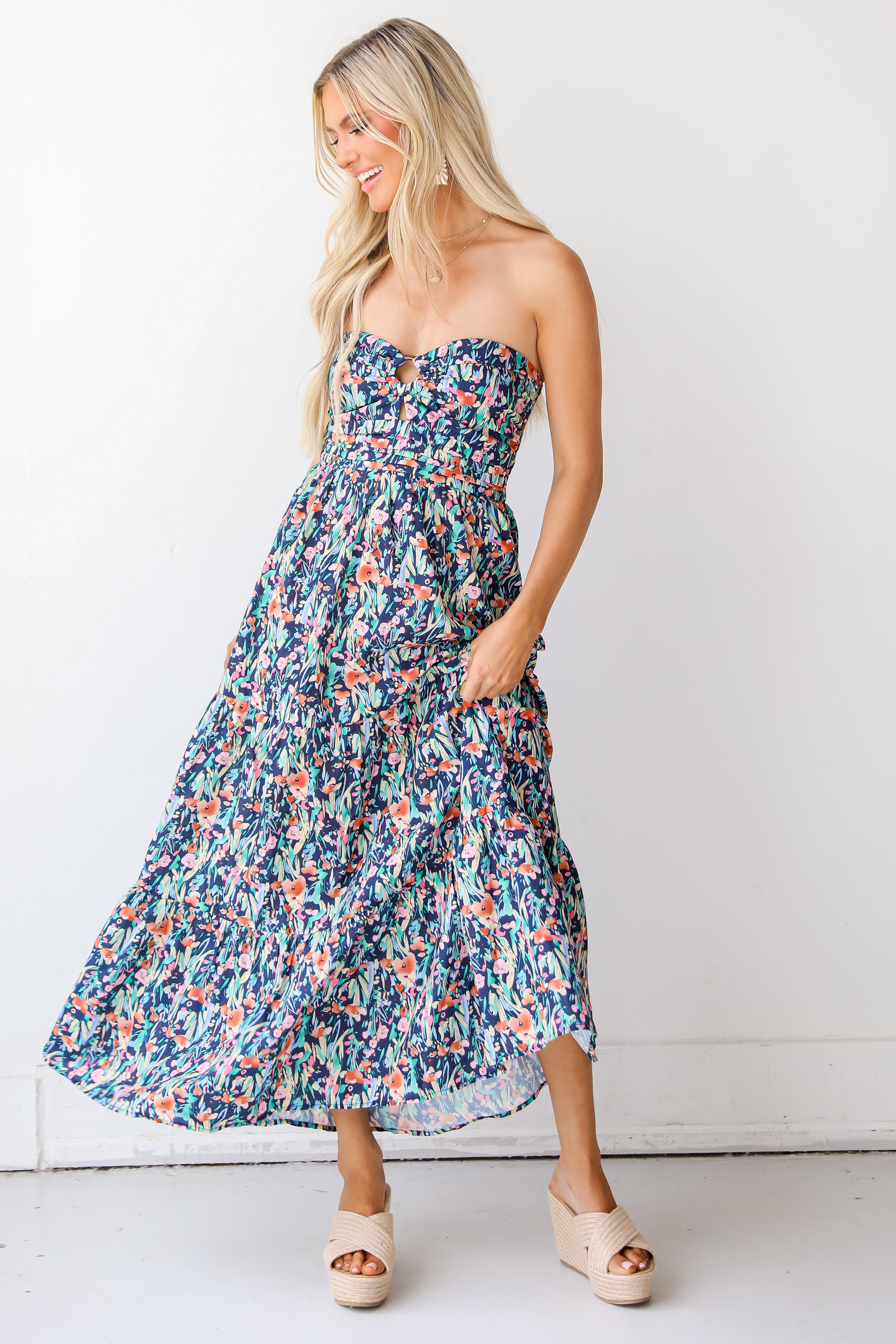 tropical Strapless Maxi Dress on model