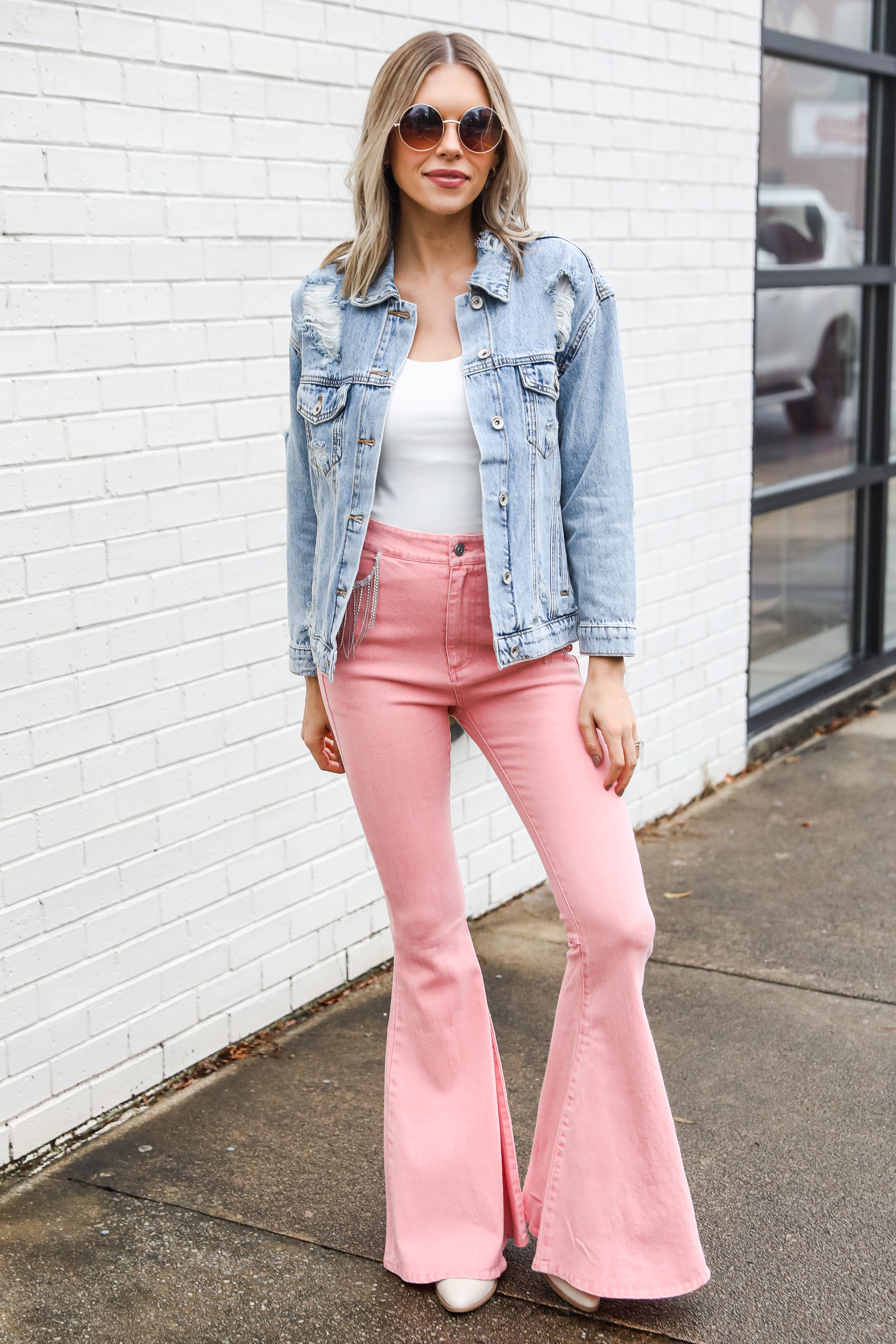 pink Rhinestone Fringe Flare Jeans on dress up model