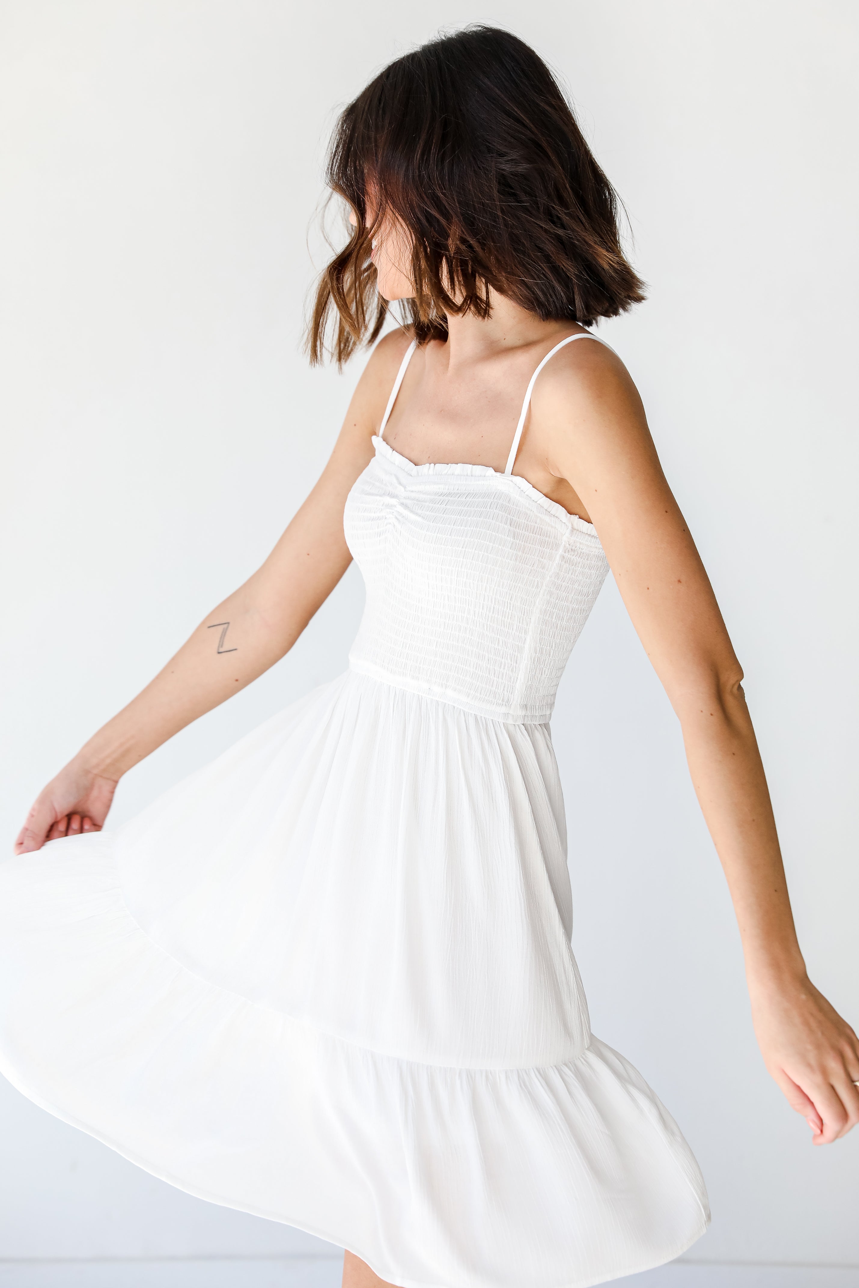 Smocked Mini Dress in white side view