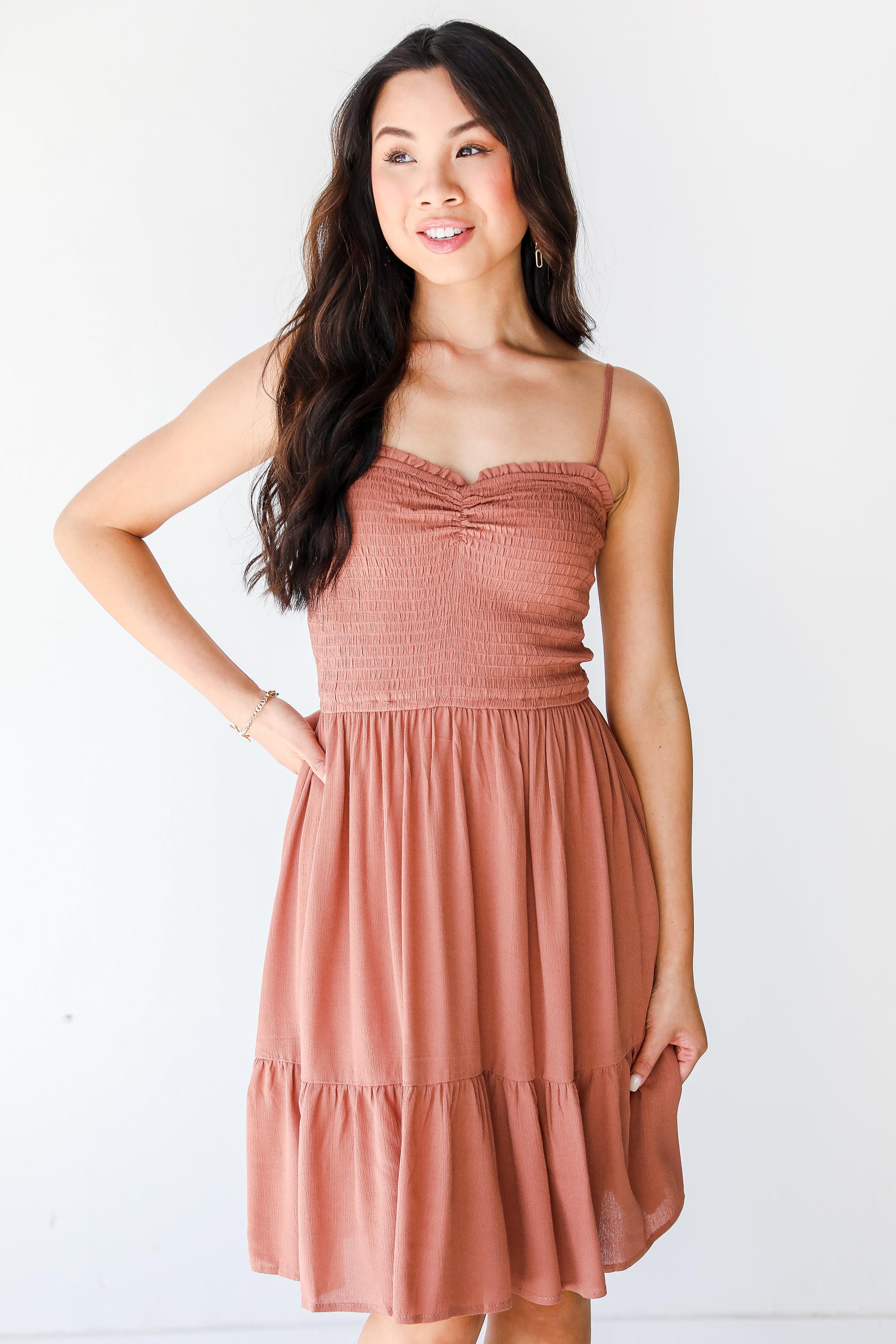 Smocked Mini Dress in clay