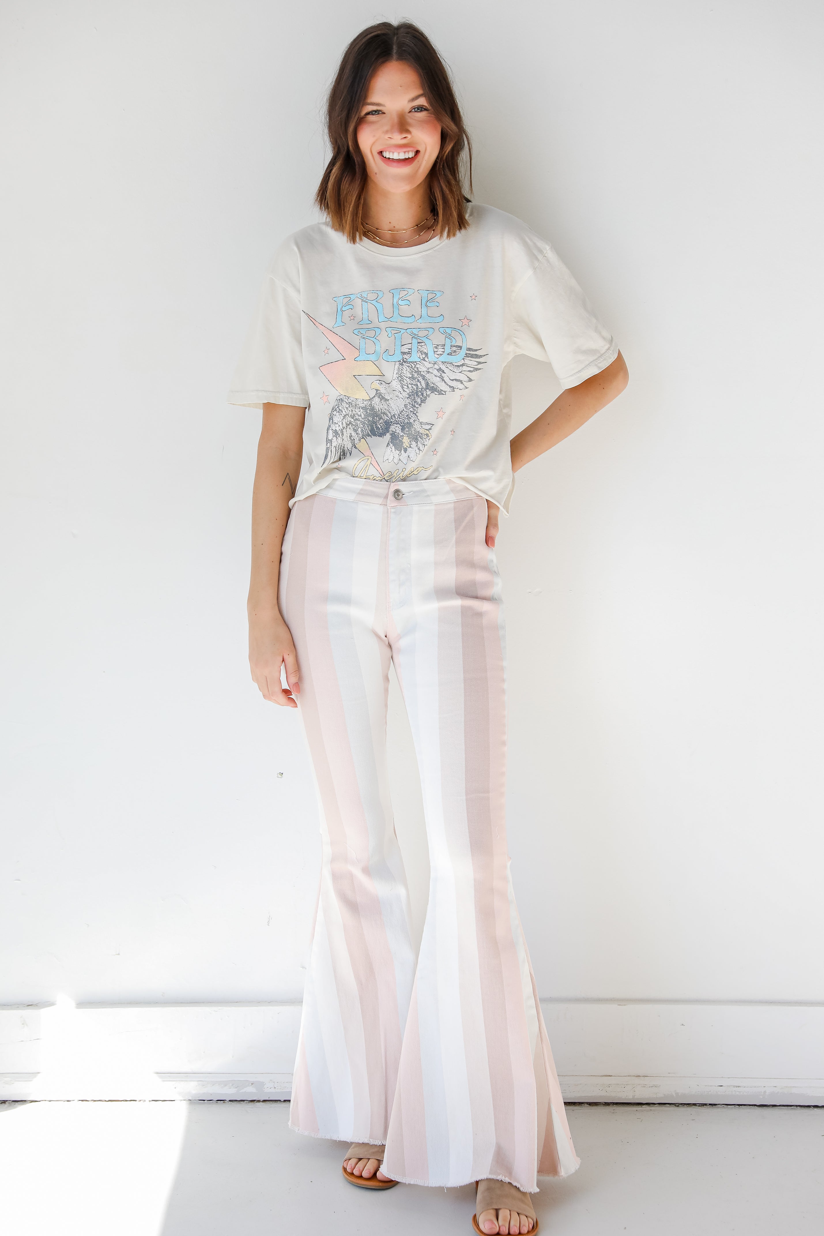 Striped Flare Jeans in blush on model