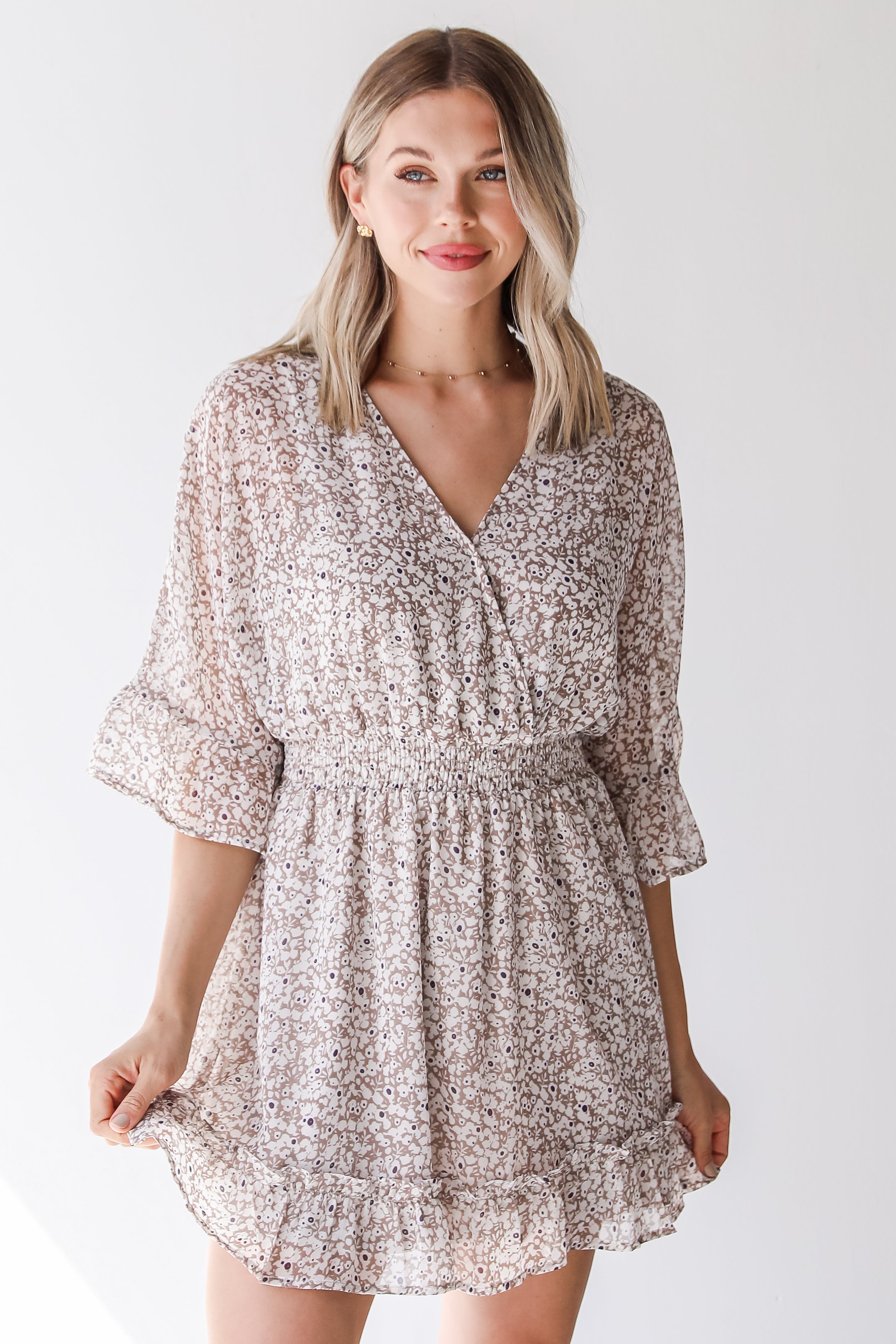 tan floral mini dress