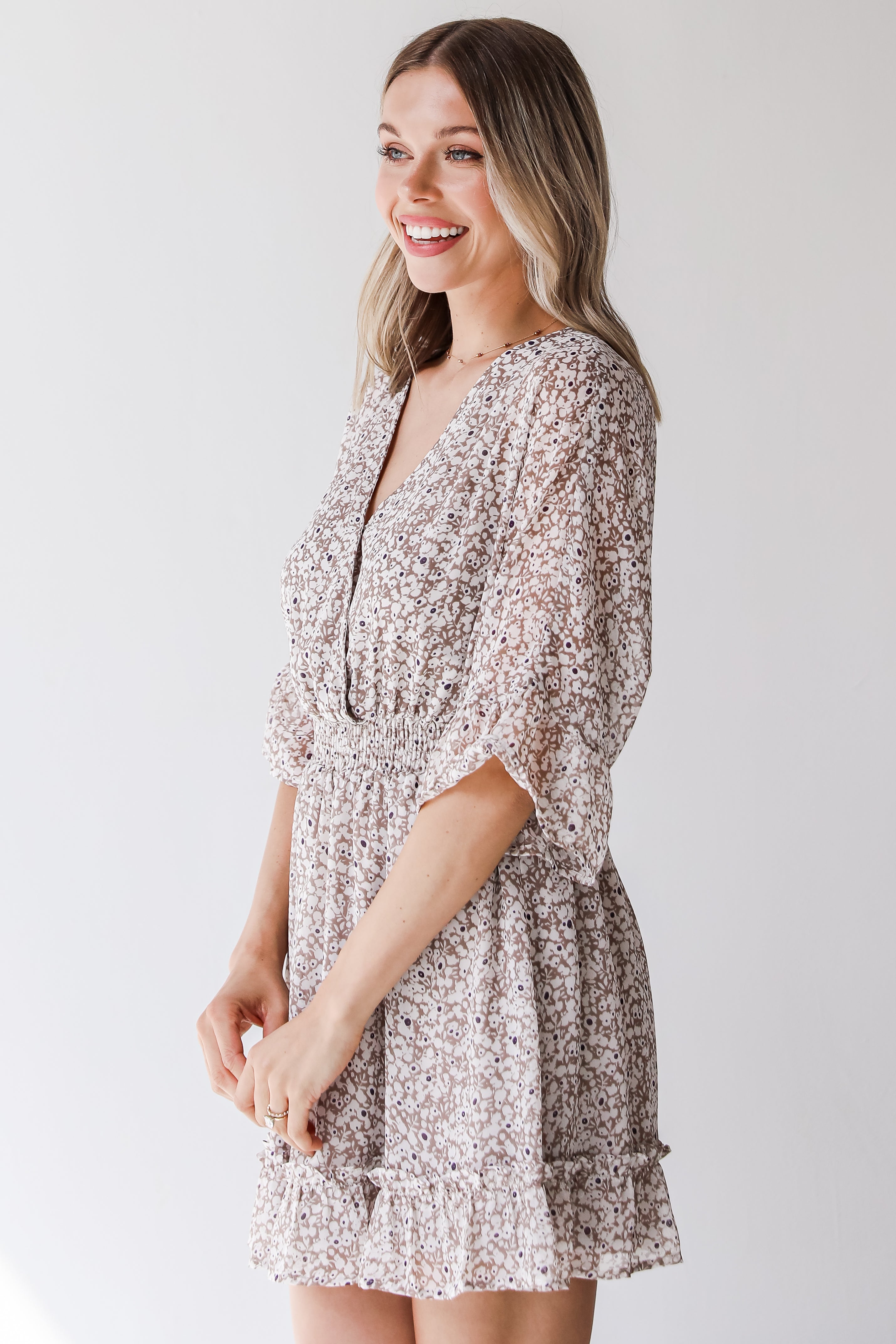 tan floral mini dress side view