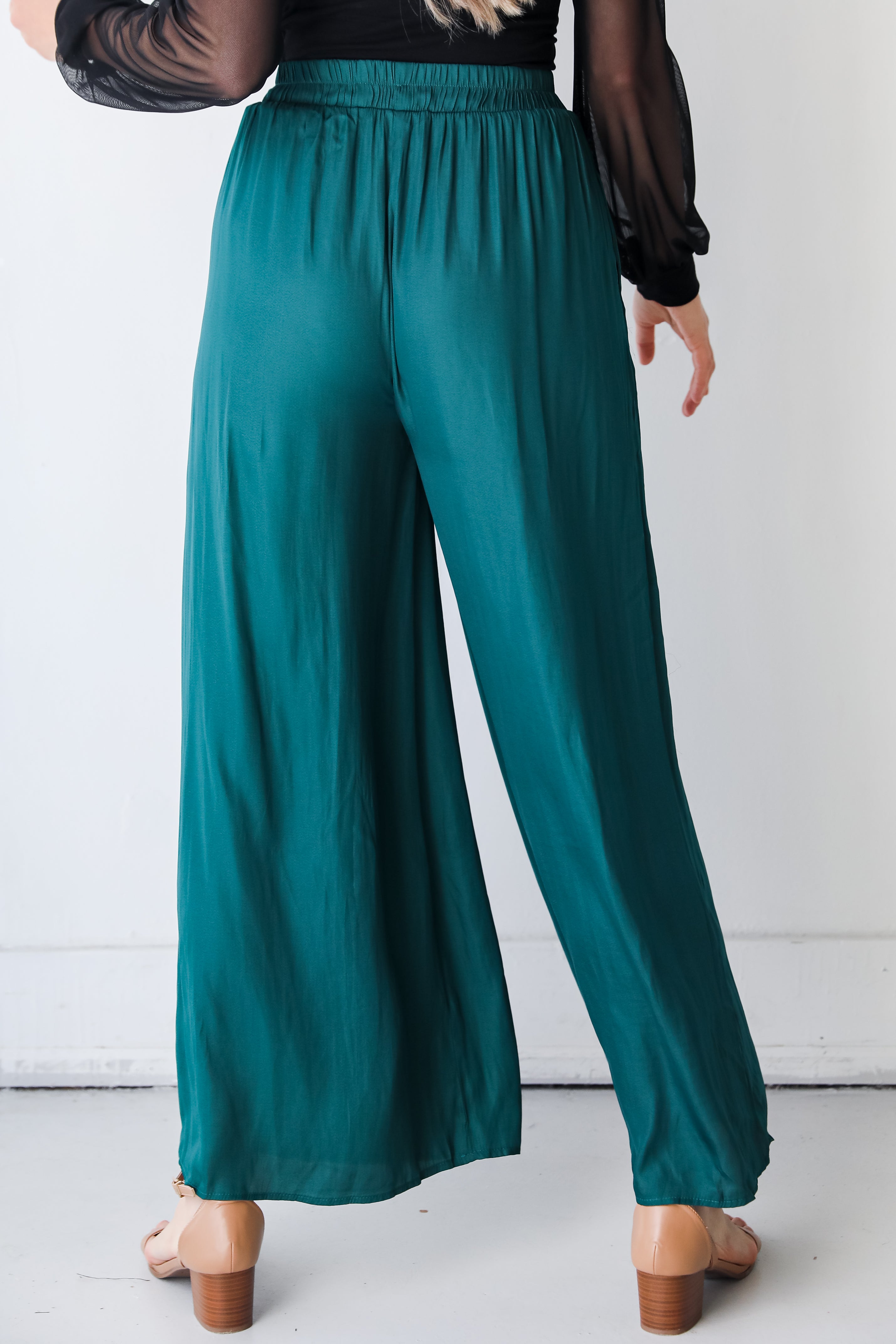 green Wide Leg Pants back view
