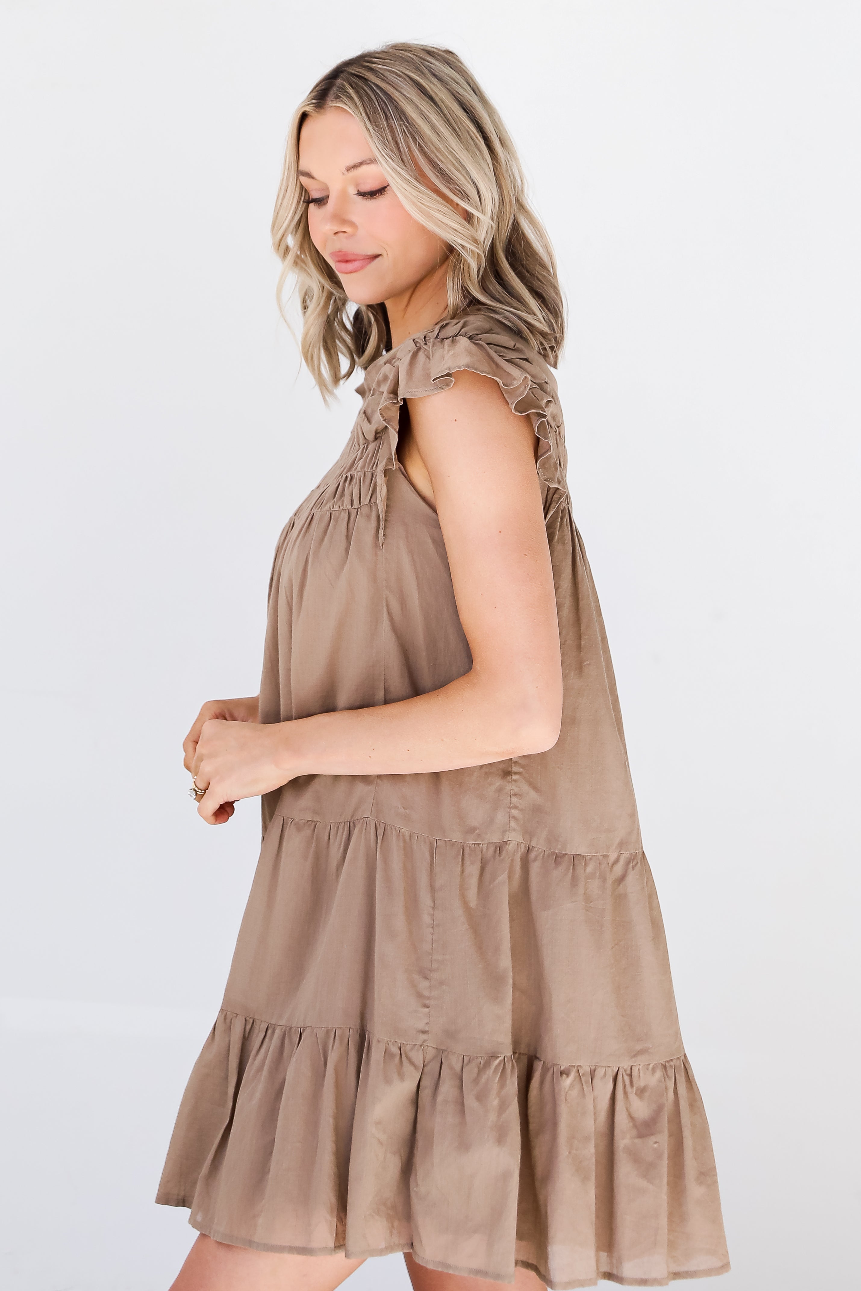 brown ruffle Mini Dress side view