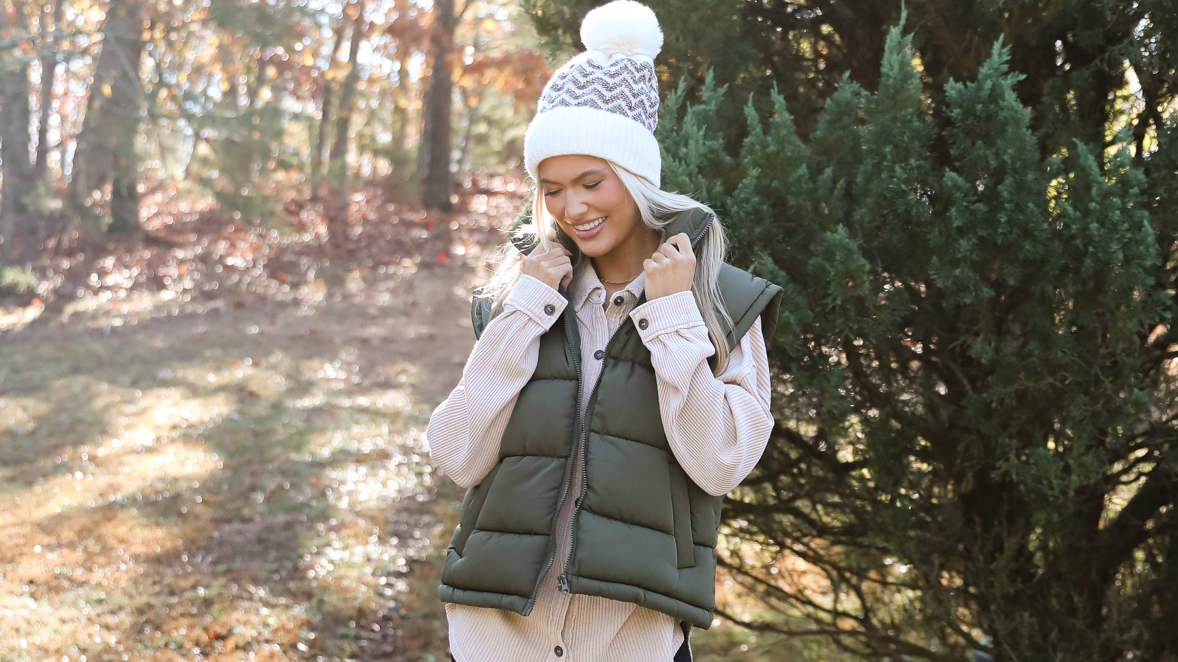 Model wearing a cute Olive green puffer vest