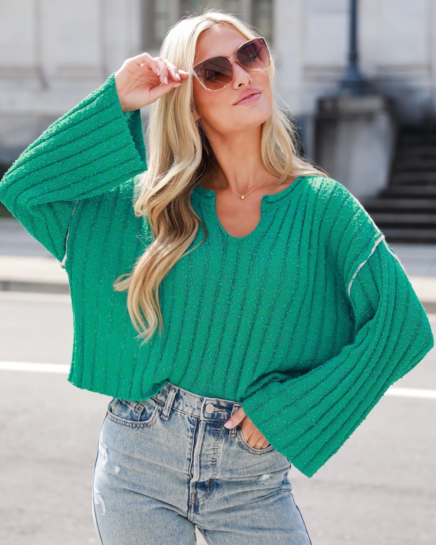 Cozy Winter Sweater In Kelly Green. Cute tops for women. Online boutique tops and sweaters. Women&