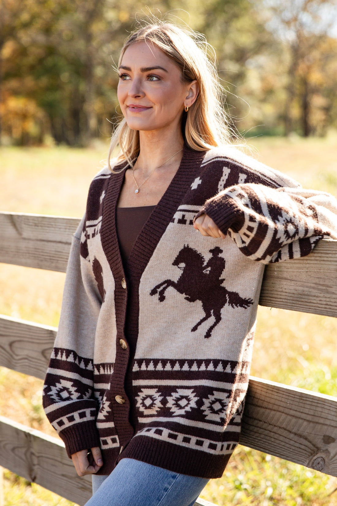 Trail Ride Taupe Horse Sweater Cardigan