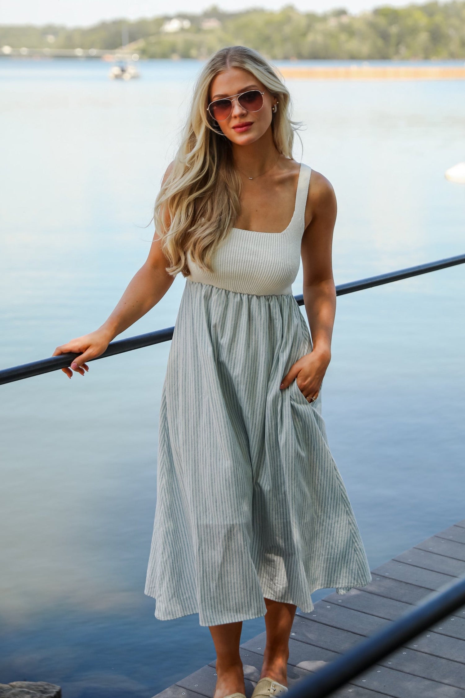 Off To The Shore Blue Striped Contrast Midi Dress