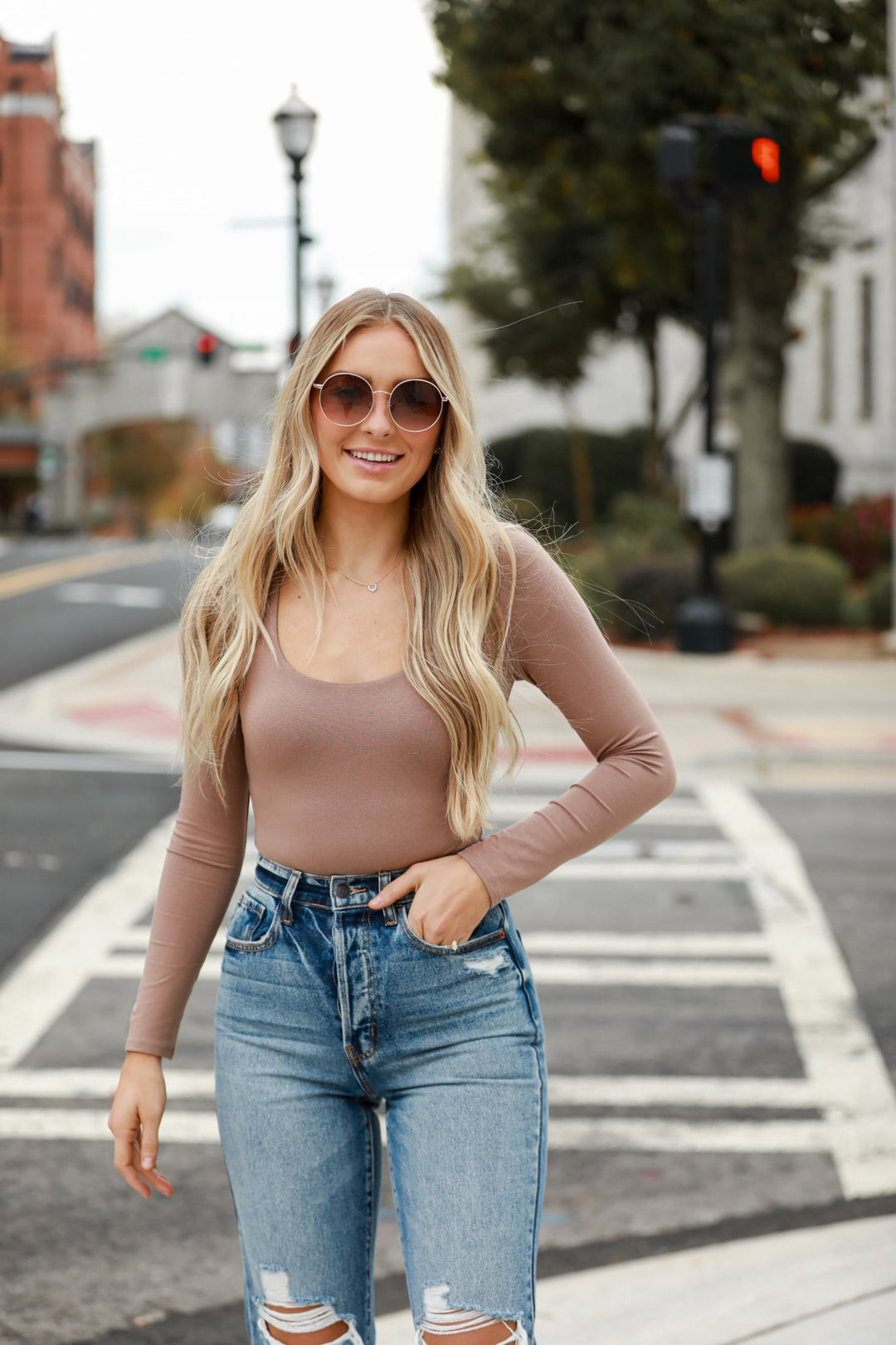 brown long sleeve Scoop Neck Bodysuit