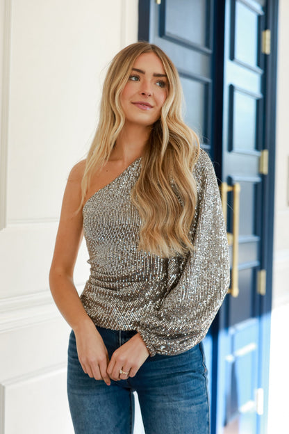 sparkly Sequin One-Shoulder Top