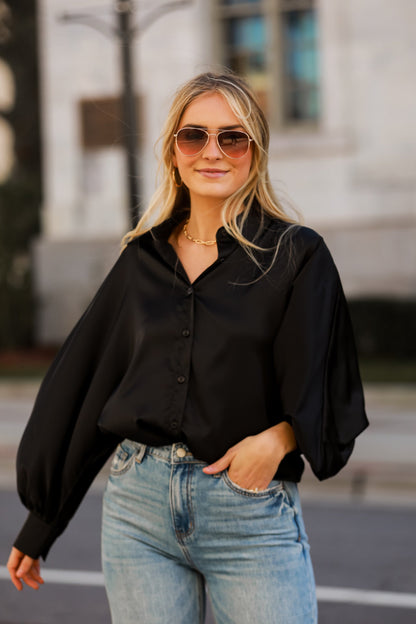 chic black Satin Button-Up Blouse