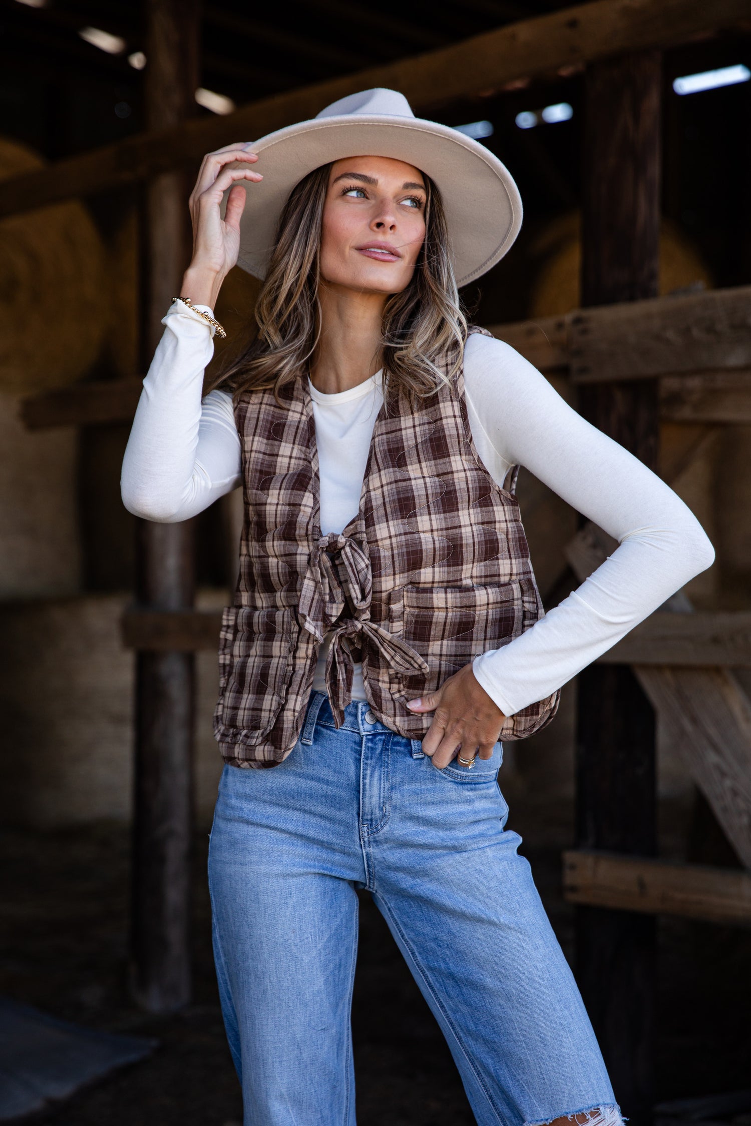 Feel The Radiance Brown Plaid Quilted Tie Vest
