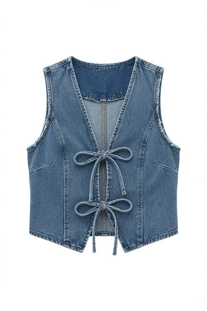 A sleeveless blue denim vest with a tie-front closure, shown flat against a plain white background.