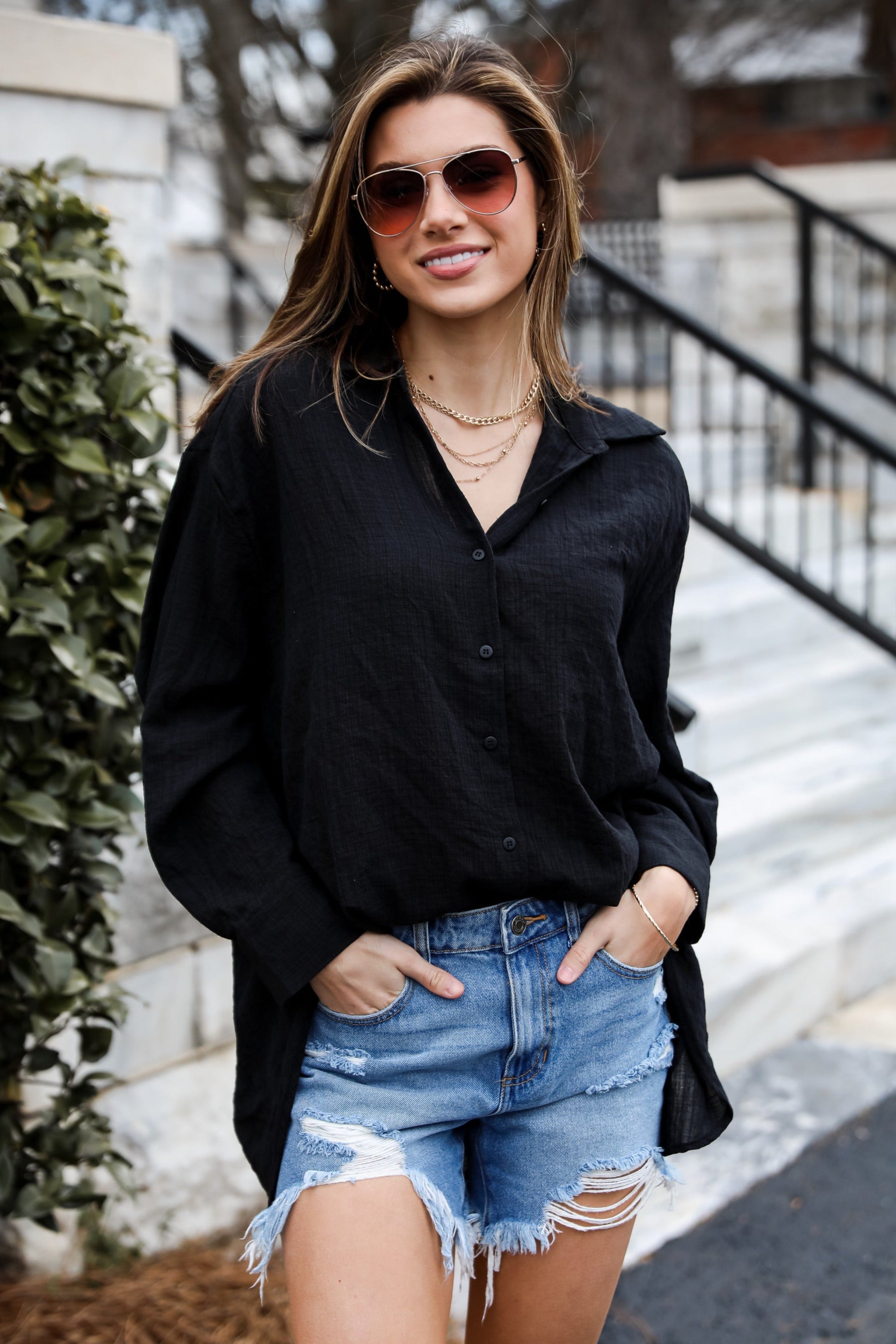 cute black Oversized Button-Up Blouse