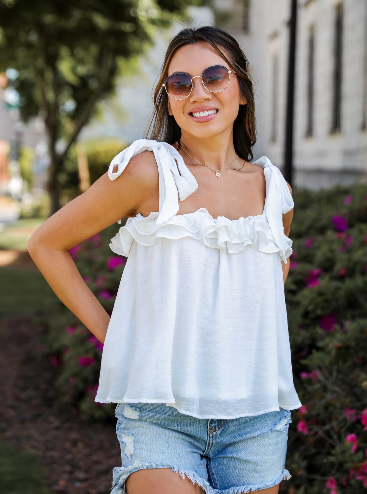 white ruffle tank