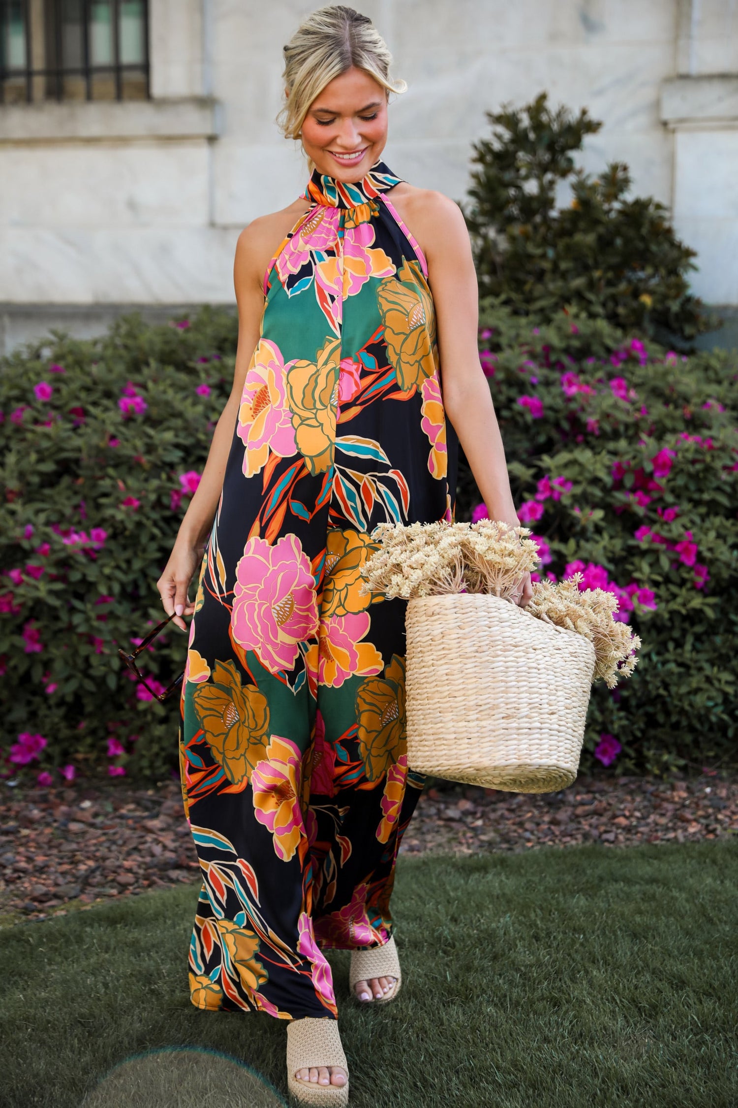 State Of Chic Black Satin Floral Jumpsuit