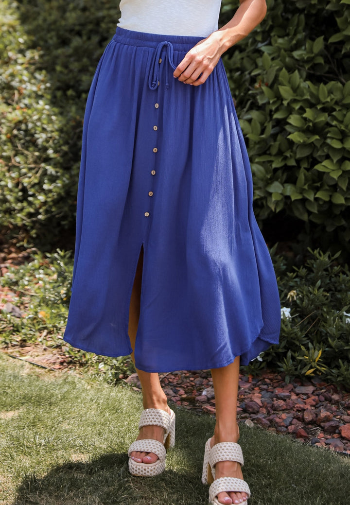 Sweetly Sophisticated Blue Button Front Midi Skirt