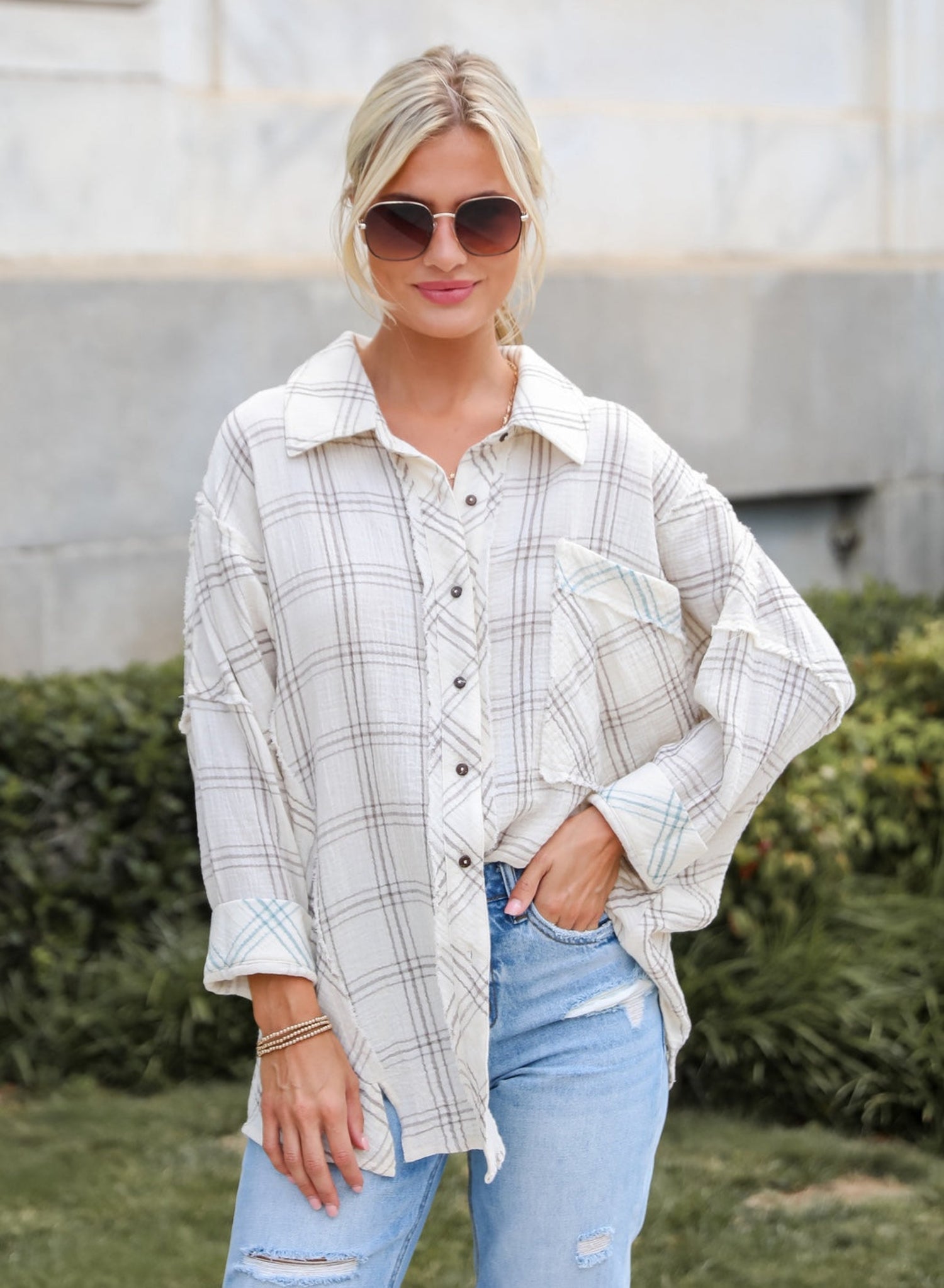 Playful Vibes Plaid Linen Button-Up Blouse