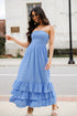 Blue Smocked Strapless Maxi Dress