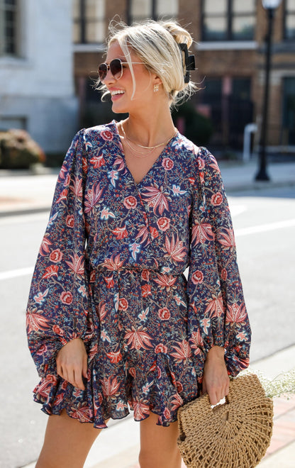 Navy Satin Floral Romper