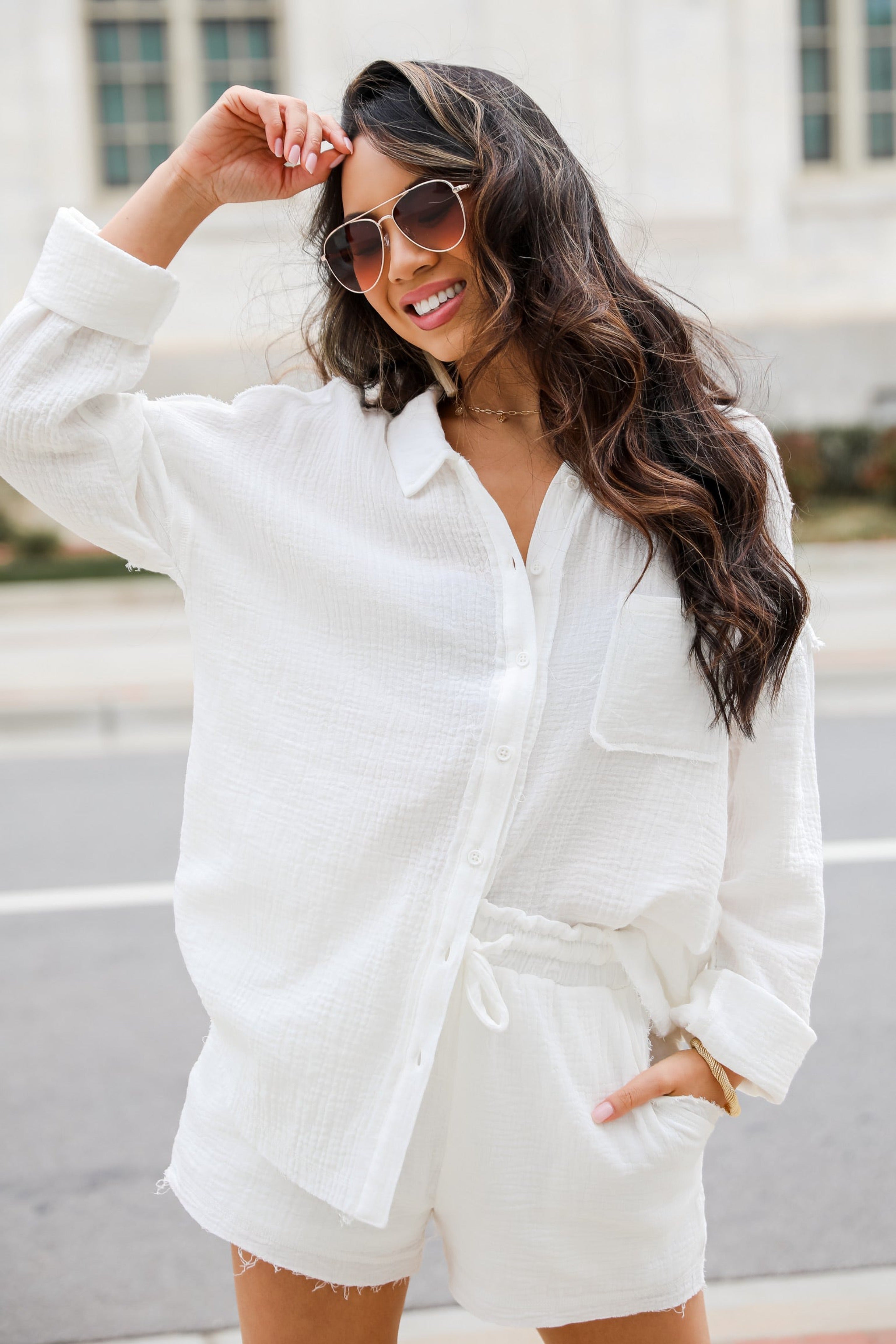 white Linen Button-Up Blouse