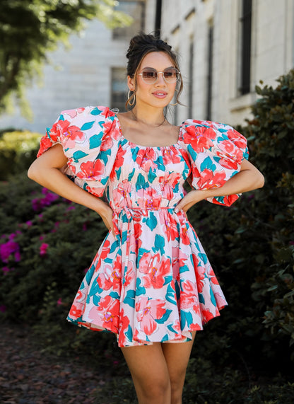 coral Floral Puff Sleeve Mini Dress