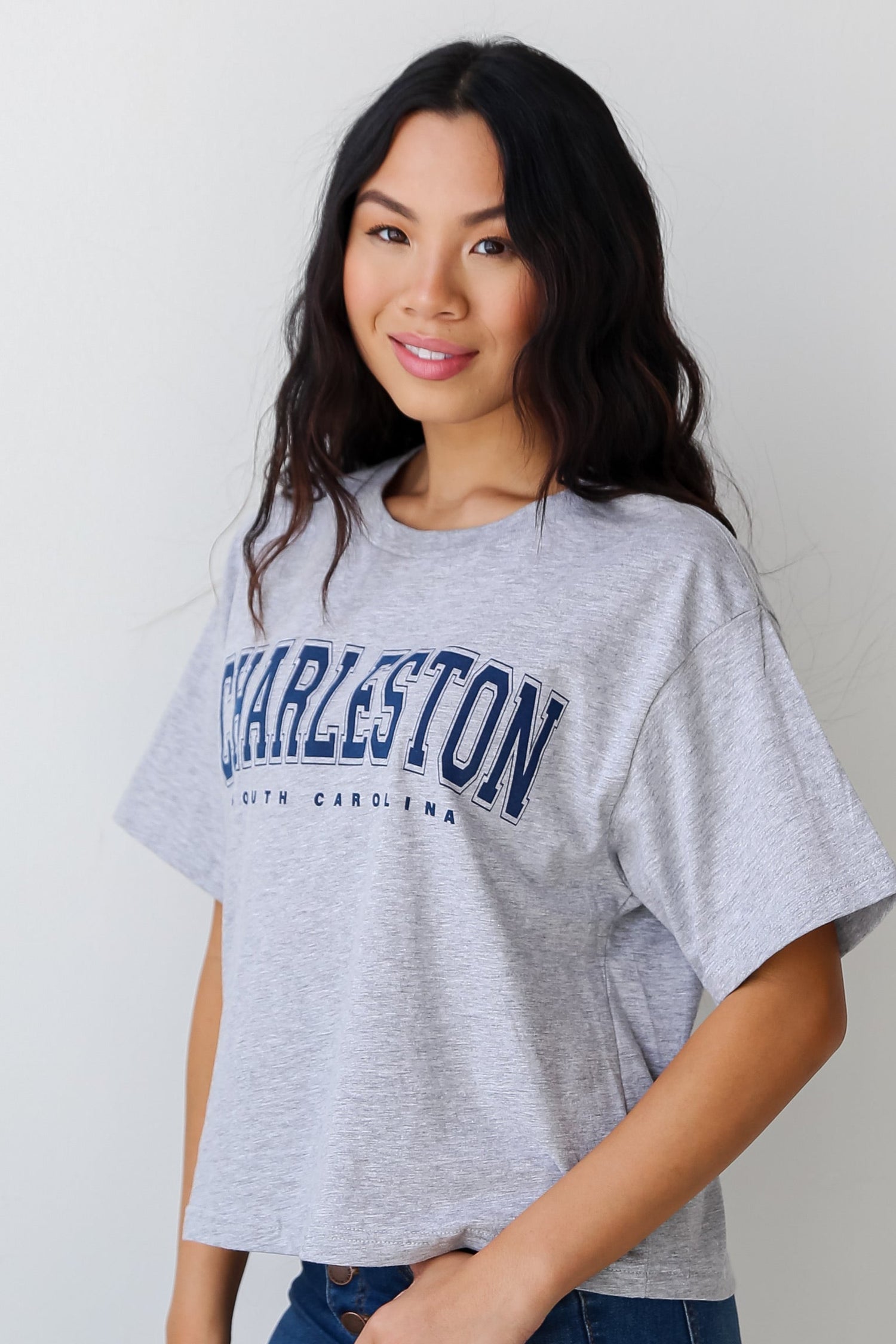 Heather Grey Charleston South Carolina Cropped Tee side view