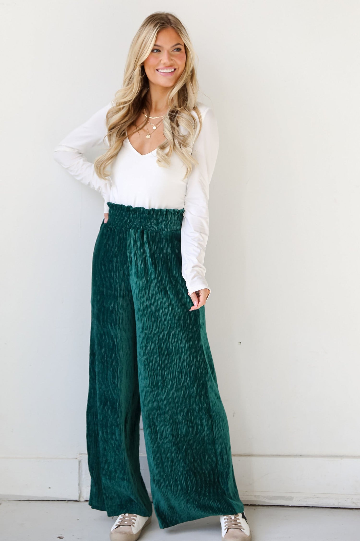 green Velvet Plisse Pants on model