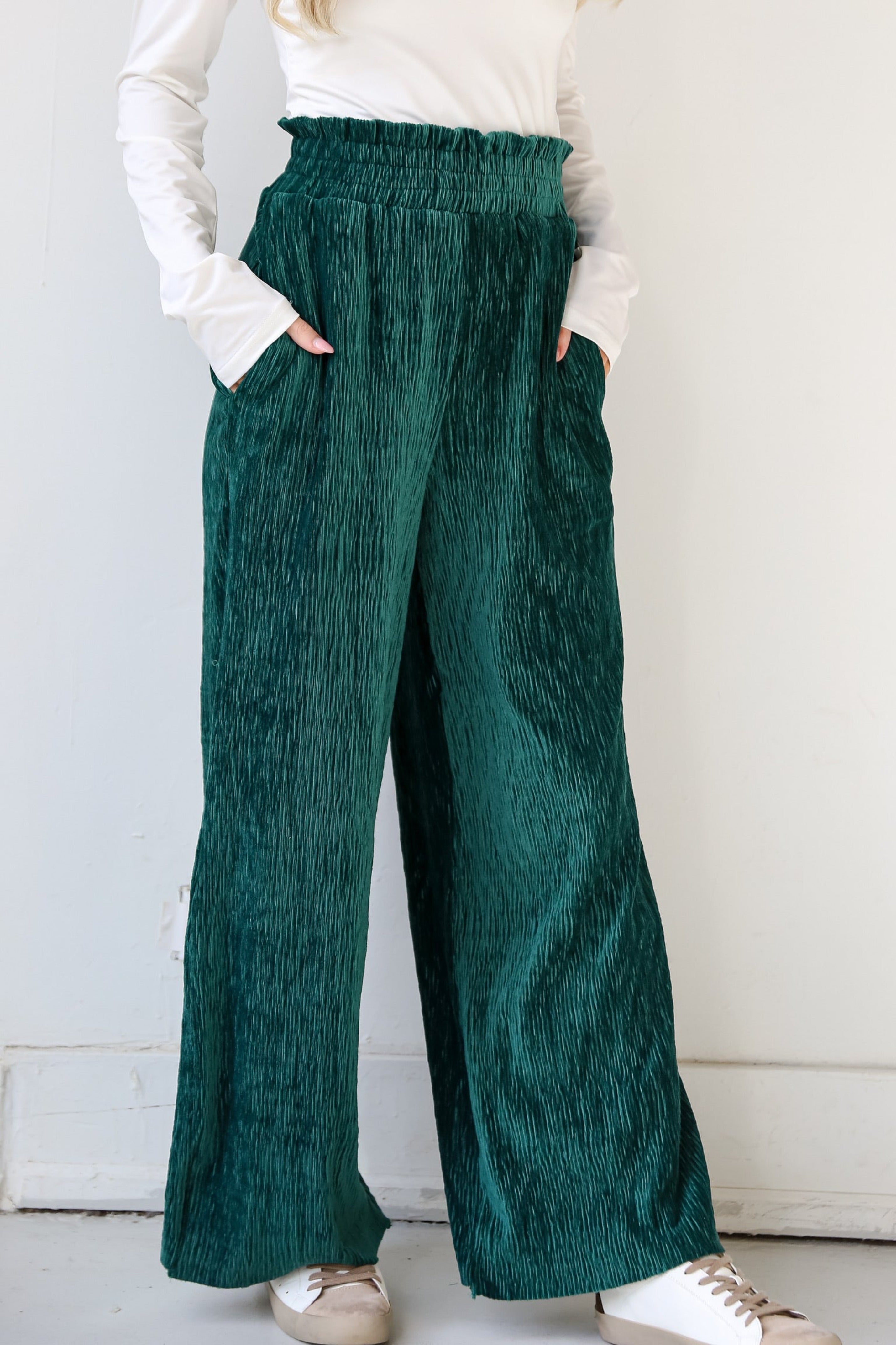 green Velvet Plisse Pants close up