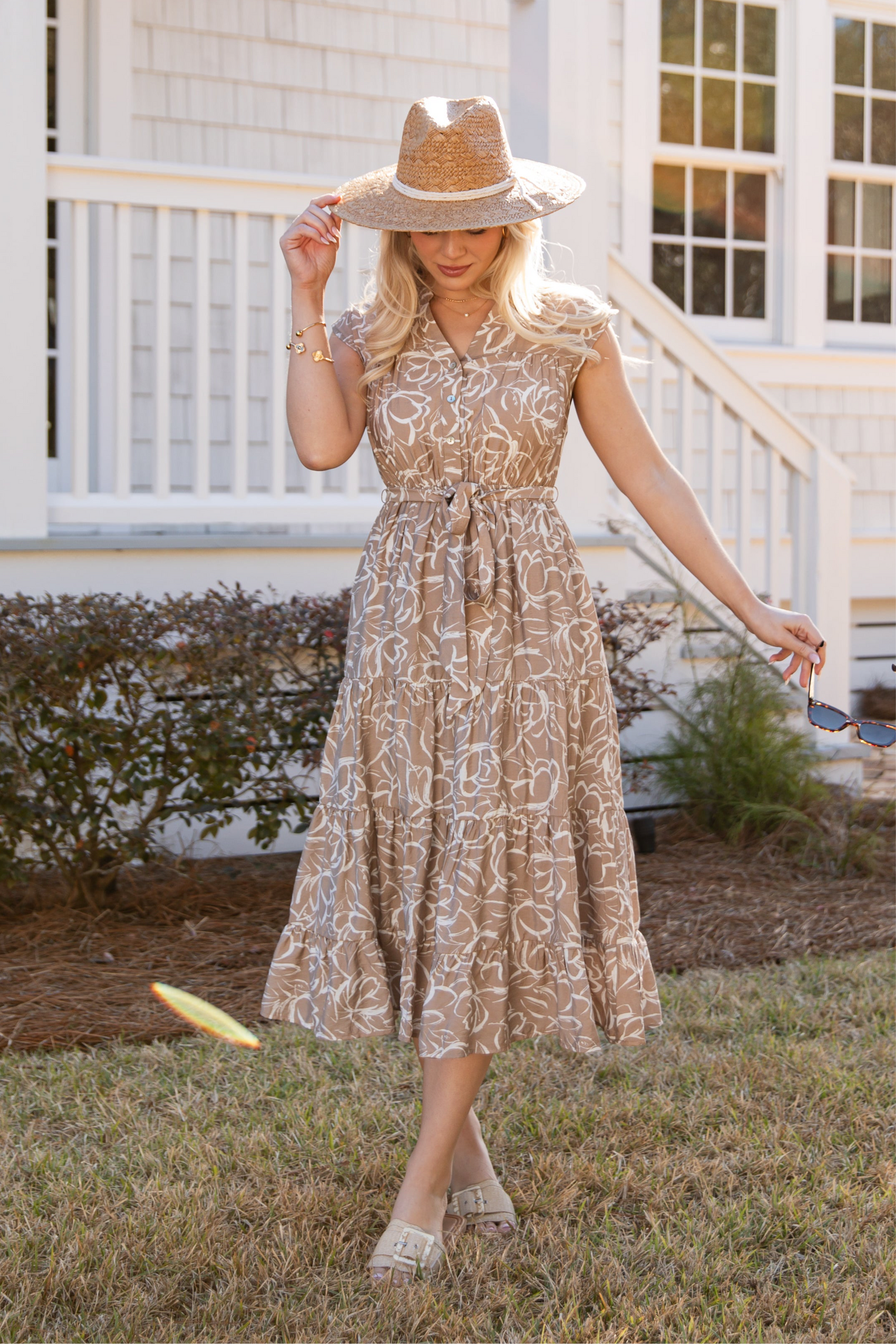 Living Easy Floral Taupe Midi Dress