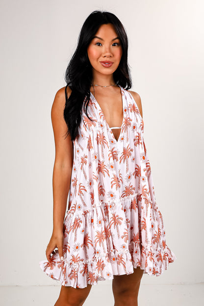 FINAL SALE - Boardwalk Sunshine White Palm Tree Mini Dress