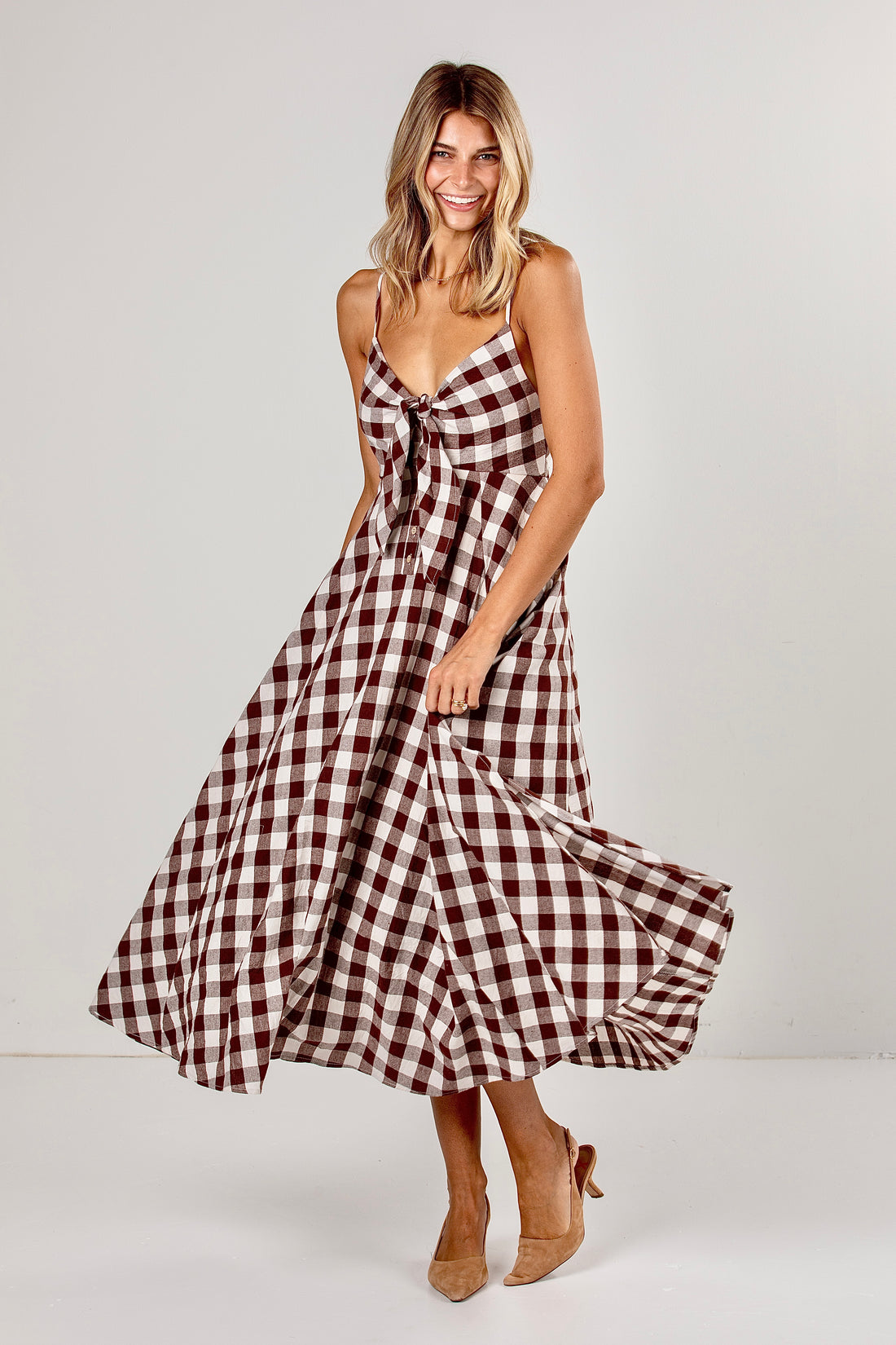 Countryside Stroll Gingham Brown Midi Dress