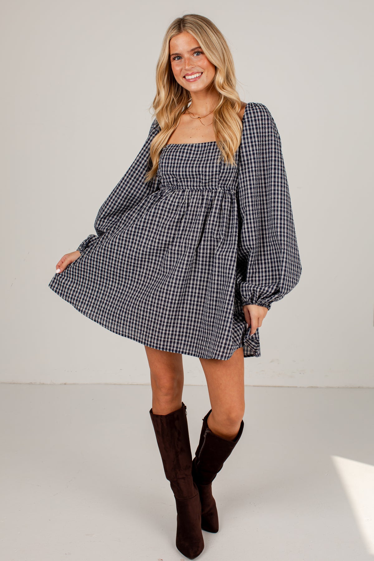 In The Village Blue Plaid Mini Dress