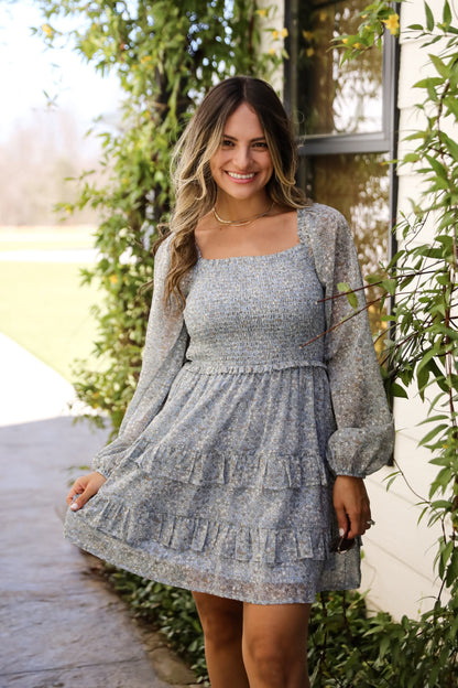 Modern Romantic Light Blue Floral Smocked Mini Dress