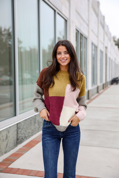 Adorable Expression Burgundy Color Block Sweater