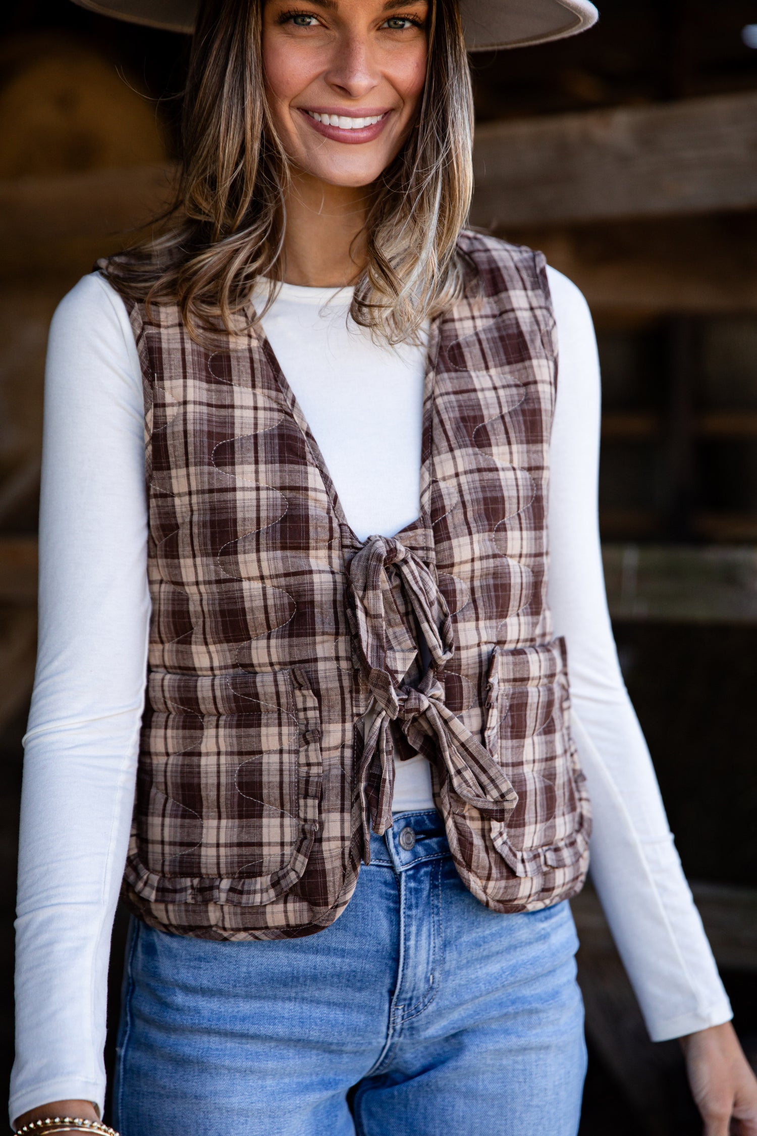 Feel The Radiance Brown Plaid Quilted Tie Vest