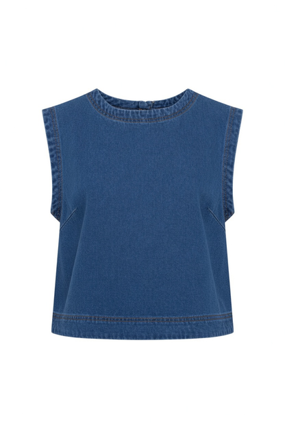 A sleeveless cropped top in medium blue denim with a crew neck and ribbed trim, shown flat against a white background.