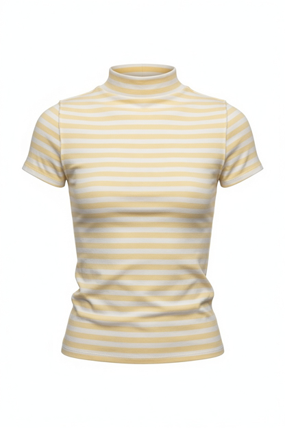 A short-sleeve mock neck t-shirt with horizontal yellow and white stripes, displayed on a clean white background.