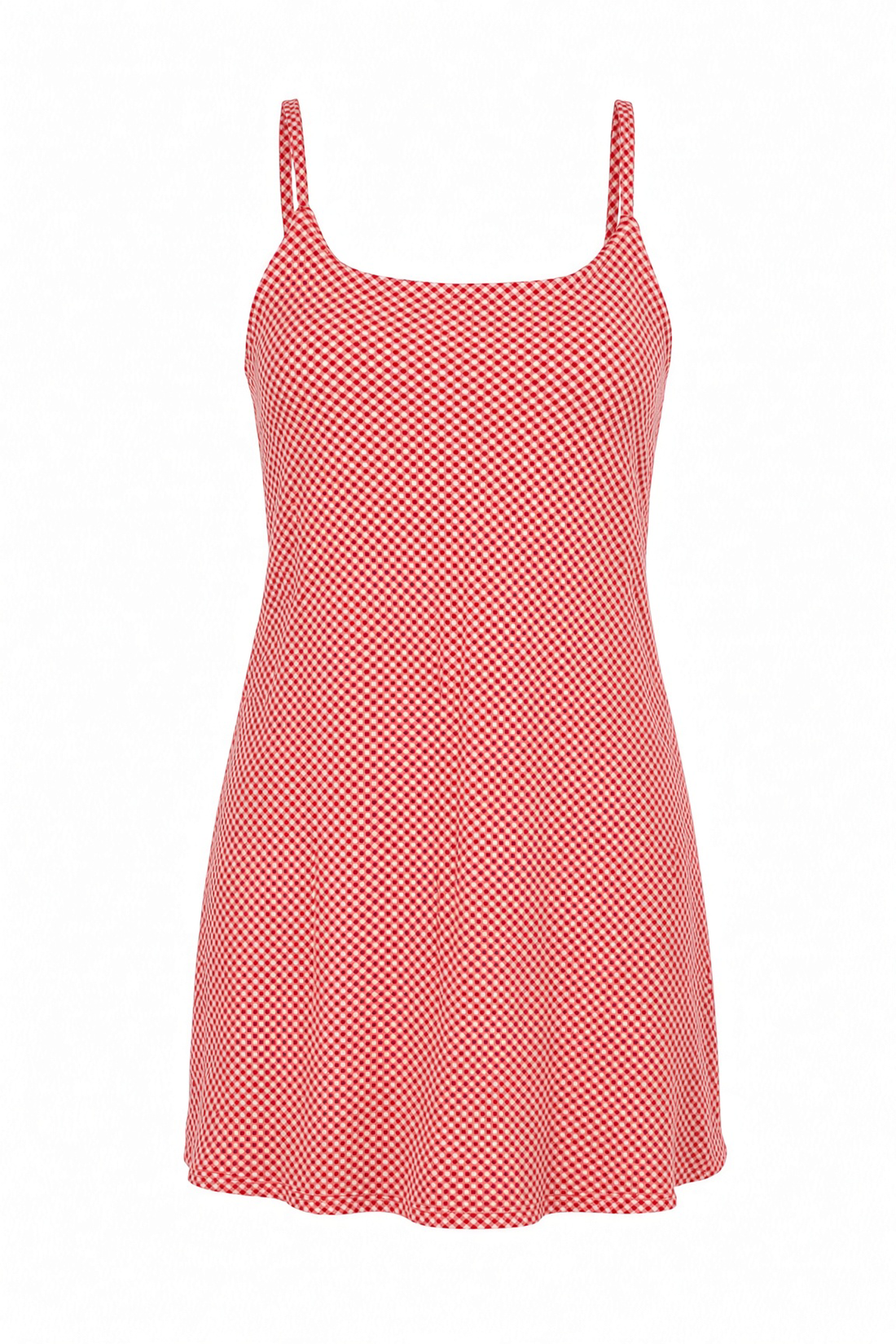 A red and white checkered mini dress with thin shoulder straps, a square neckline, and a flared skirt, shown against a plain white background.