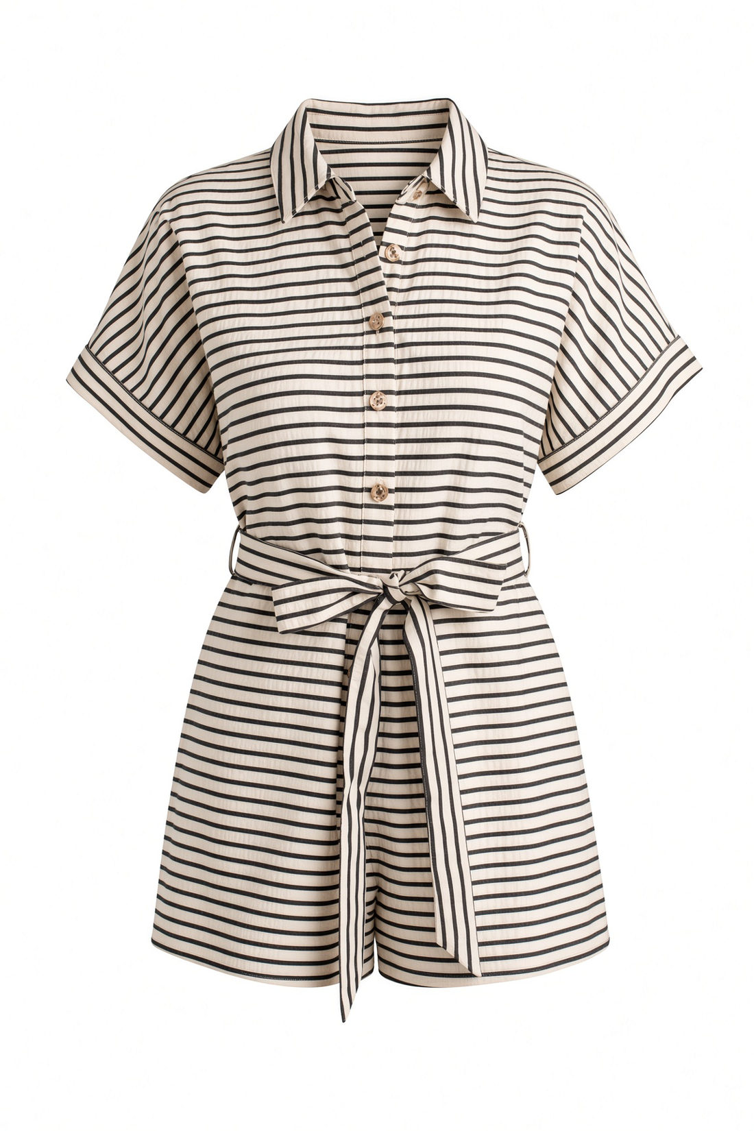 A short-sleeve collared shirt dress with thin horizontal black stripes on a warm cream background, featuring a button-down front, a matching tie belt at the waist, and a flared skirt, shown against a plain white background.