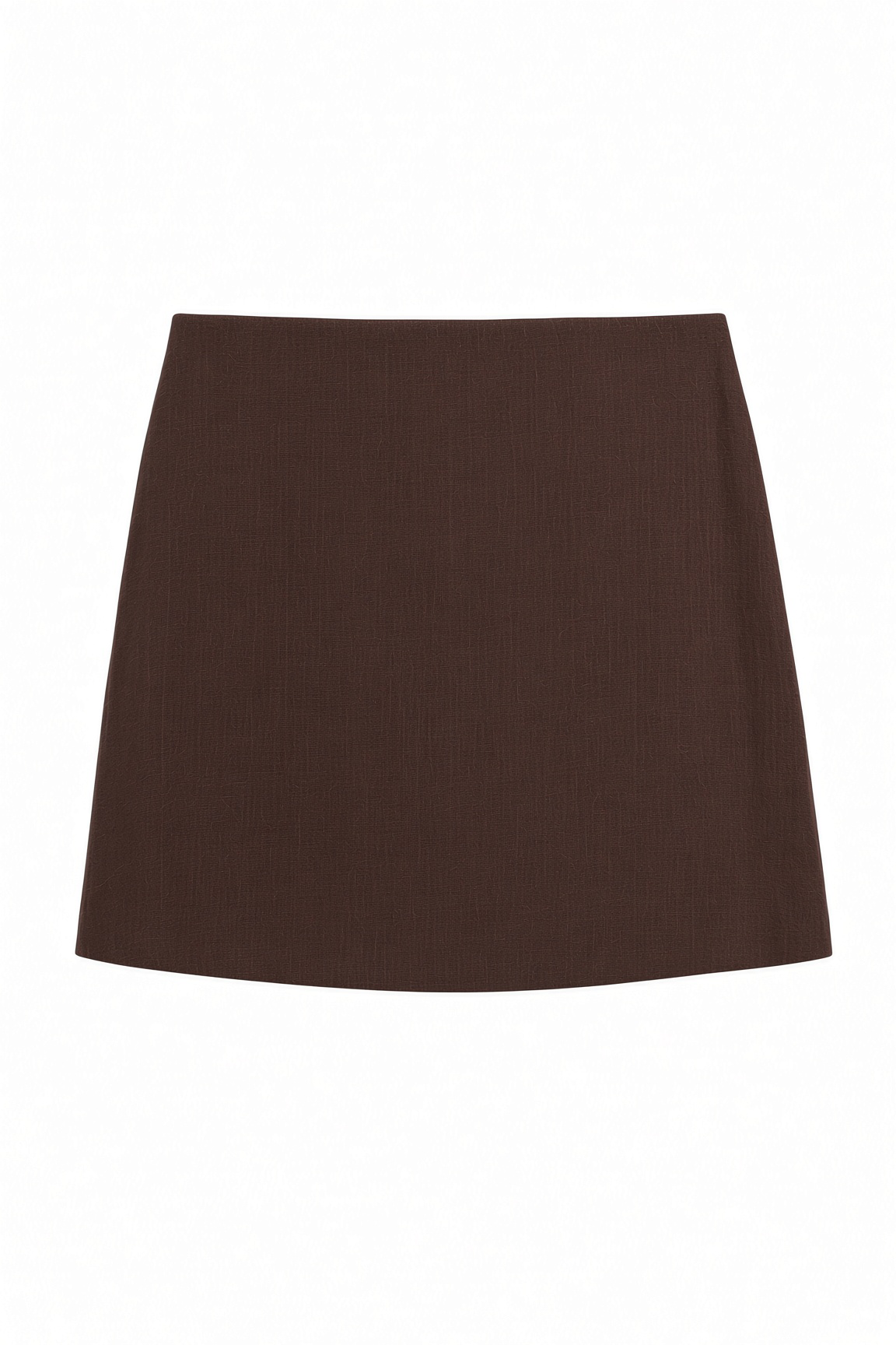 A dark brown A-line mini skirt with a subtle vertical ribbed texture, shown flat against a plain white background.