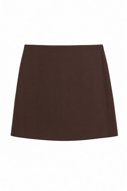 A dark brown A-line mini skirt with a subtle vertical ribbed texture, shown flat against a plain white background.