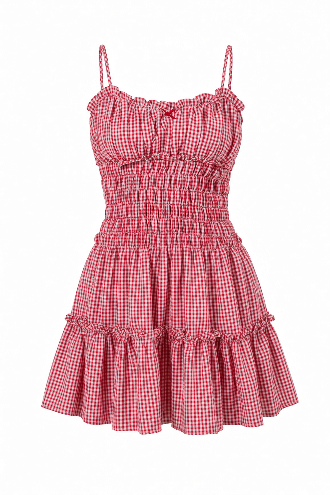 Red and white gingham mini dress with a smocked bodice, ruffled spaghetti straps, and tiered skirt on a white background.